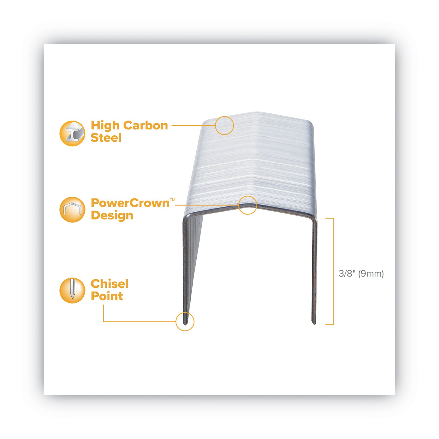 Bostitch B8 PowerCrown Premium Staples, 0.38" Leg, 0.5" Crown, Steel, 5,000/Box (STCR211538)