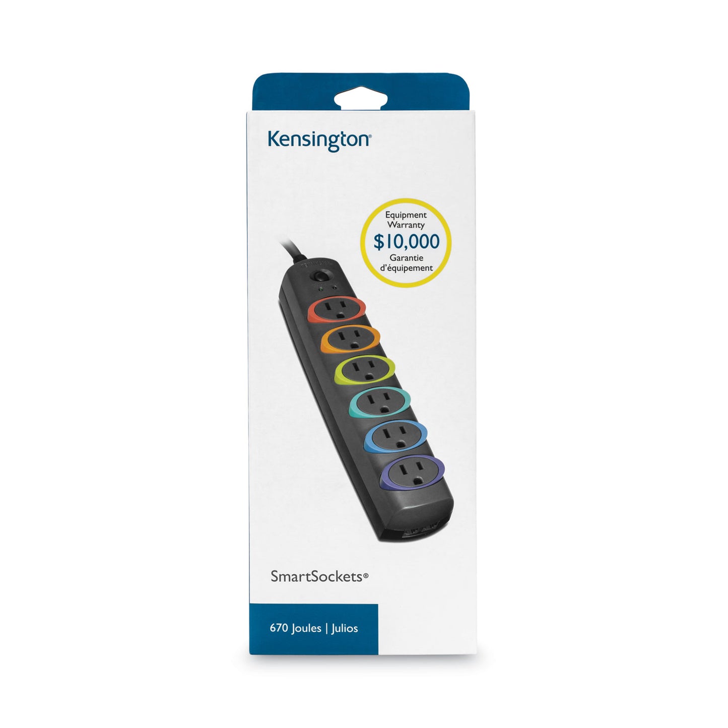 Kensington SmartSockets Color-Coded Strip Surge Protector, 6 AC Outlets, 6 ft Cord, 670 J, Black (62146)