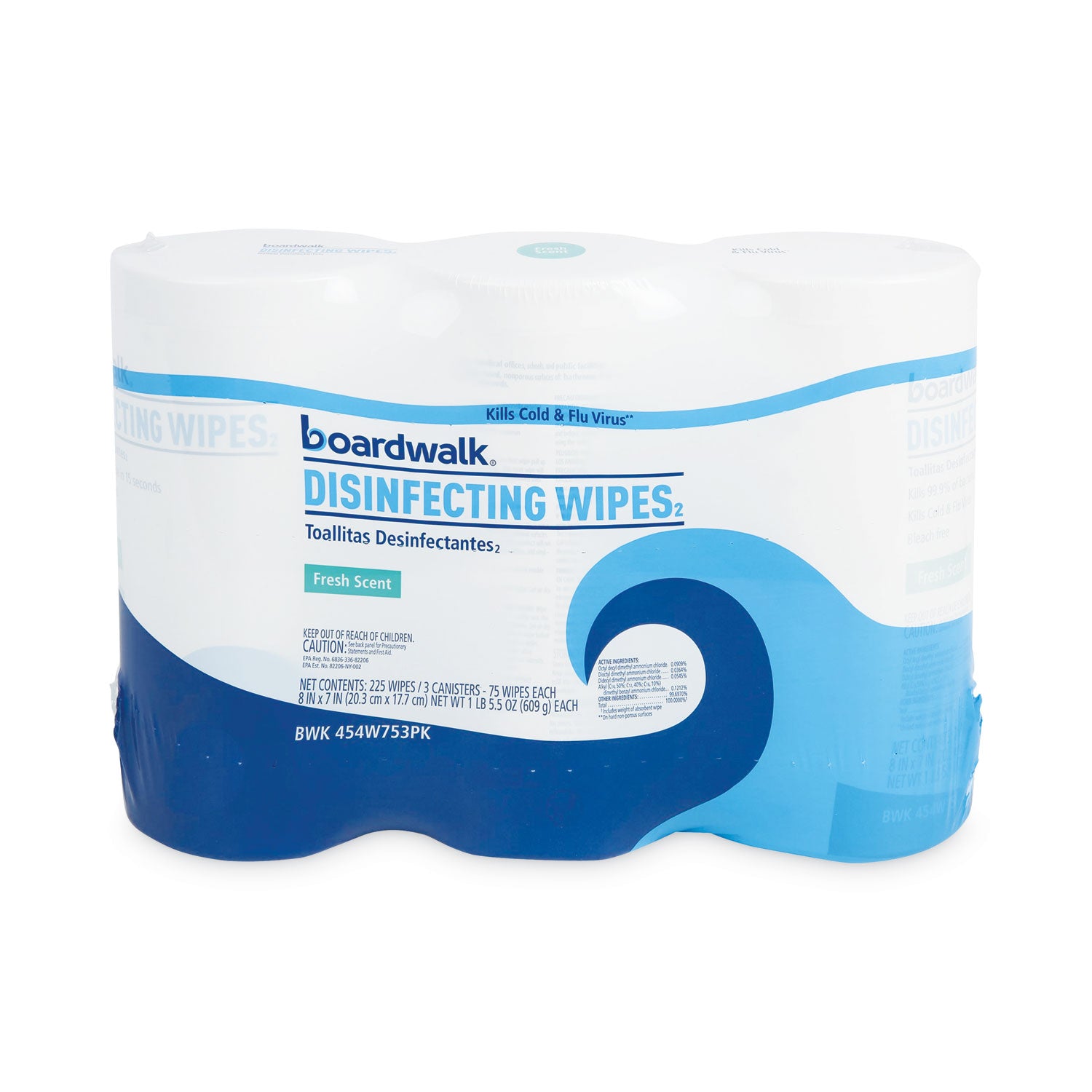 Boardwalk Disinfecting Wipes, 7 x 8, Fresh Scent, 75/Canister, 3 Canisters/Pack (454W753PK)