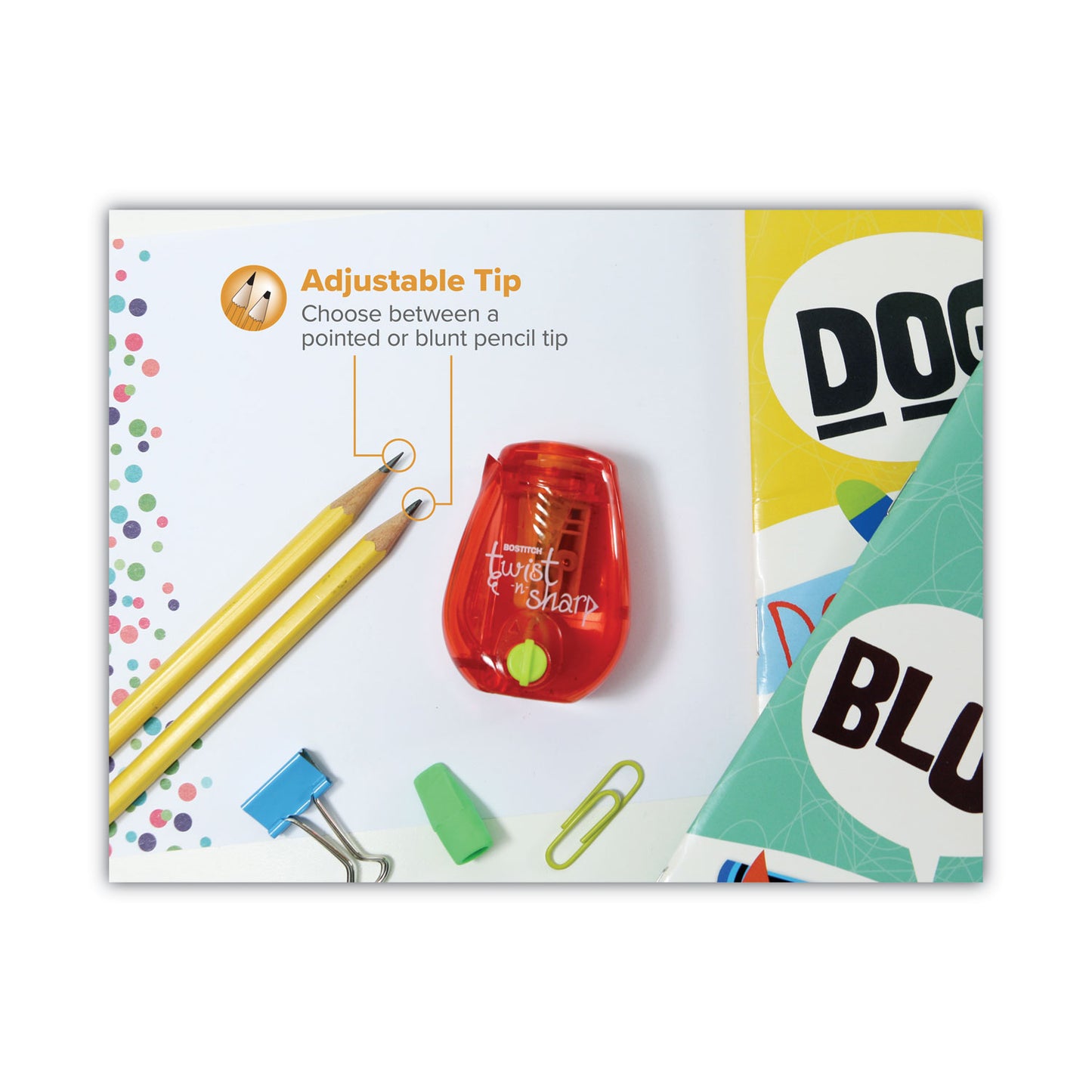 Bostitch Twist-n-Sharp Pencil Sharpener, One-Hole, 3.5 x 1.25 x 5.5, Randomly Assorted Colors, 6/Pack (PS1ADJPK)