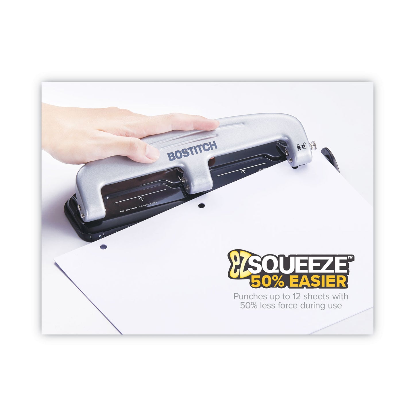 Bostitch 12-Sheet EZ Squeeze Three-Hole Punch, 9/32" Holes, Black/Silver (2101)