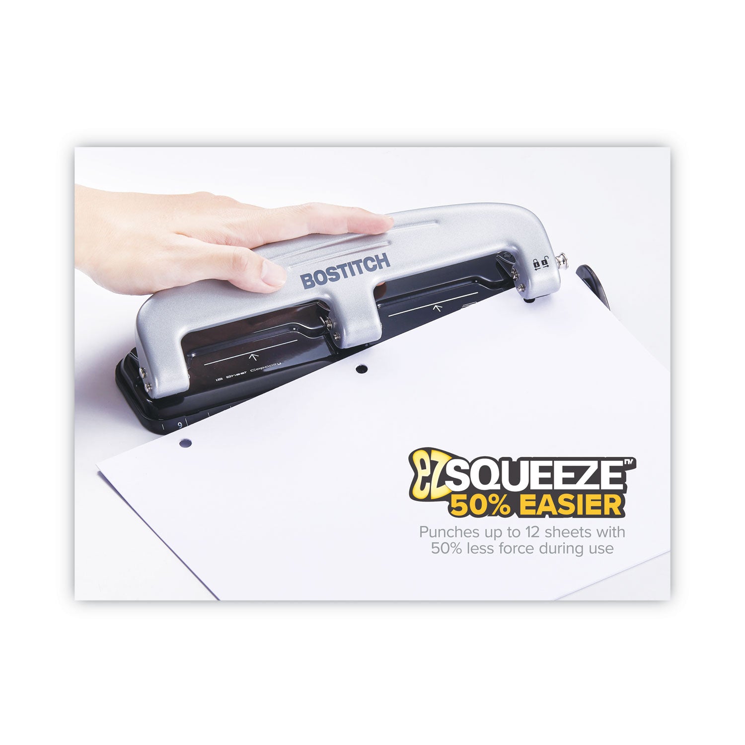 Bostitch 12-Sheet EZ Squeeze Three-Hole Punch, 9/32" Holes, Black/Silver (2101)