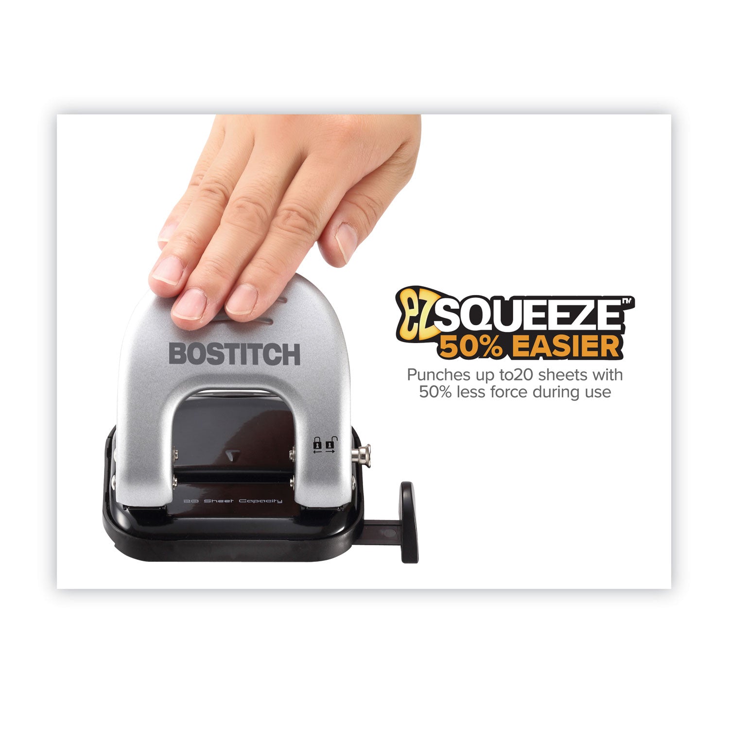 Bostitch 20-Sheet EZ Squeeze Two-Hole Punch, 9/32" Holes, Black/Silver (2310)