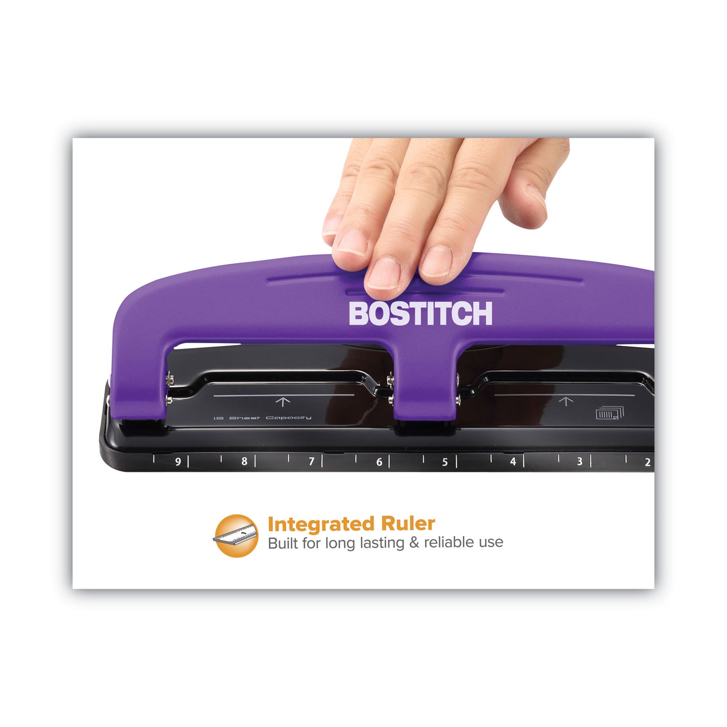 Bostitch 12-Sheet EZ Squeeze Three-Hole Punch, 9/32" Holes, Purple/Black (2105)