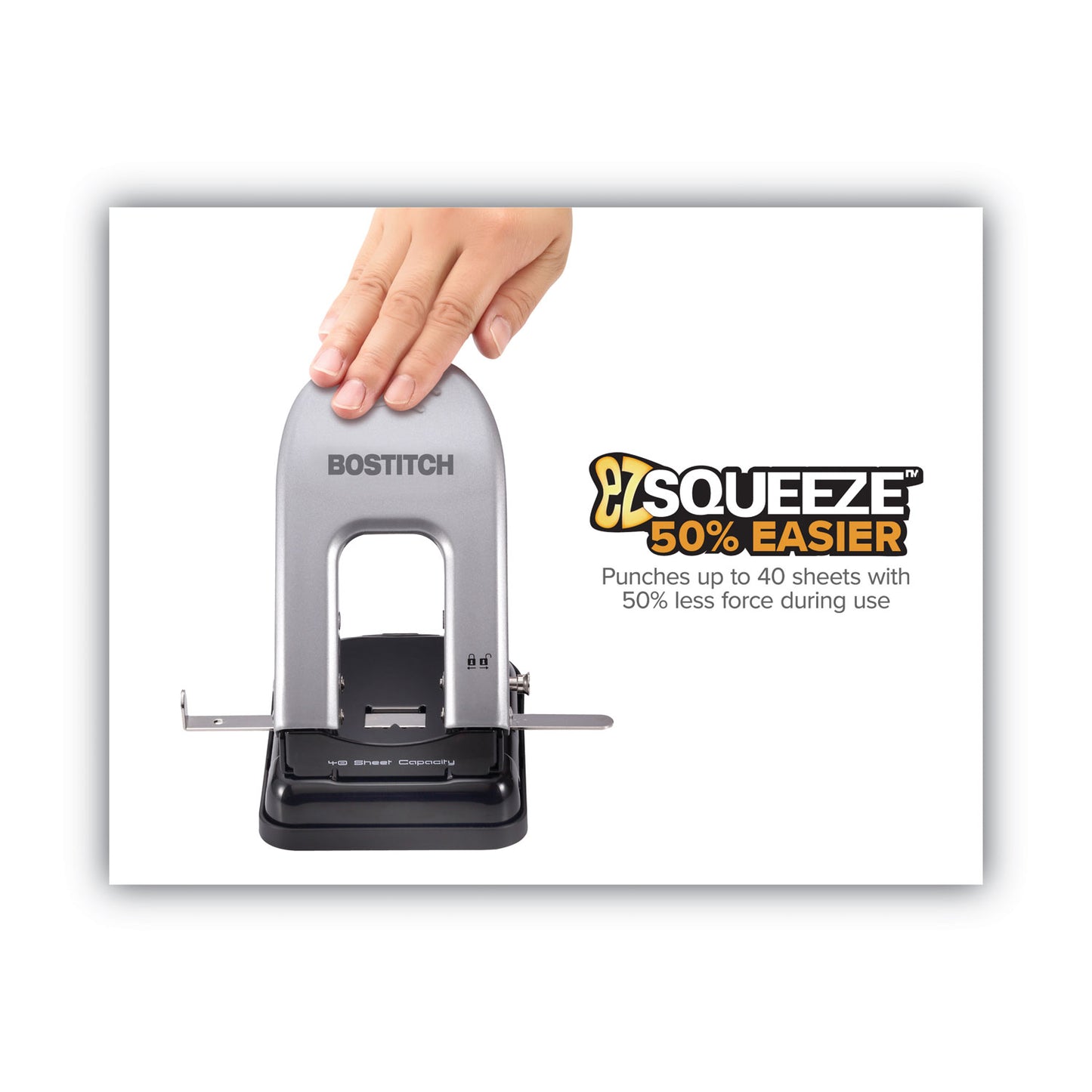 Bostitch 40-Sheet EZ Squeeze Two-Hole Punch, 9/32" Holes, Black/Silver (2340)