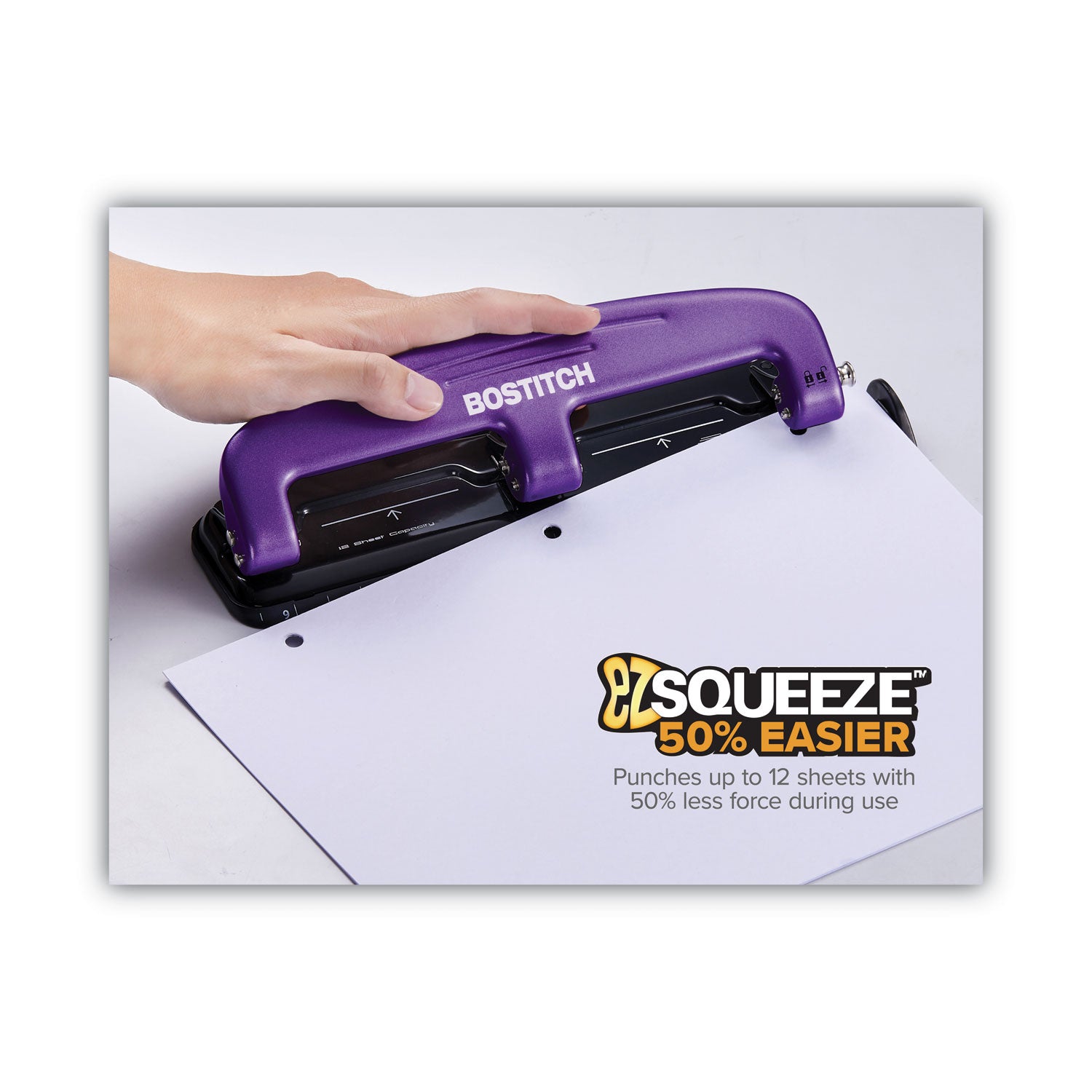 Bostitch 12-Sheet EZ Squeeze Three-Hole Punch, 9/32" Holes, Purple/Black (2105)