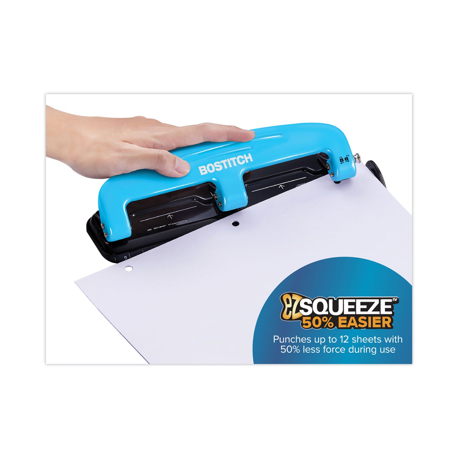 Bostitch 12-Sheet EZ Squeeze Three-Hole Punch, 9/32" Holes, Blue/Black (2103)