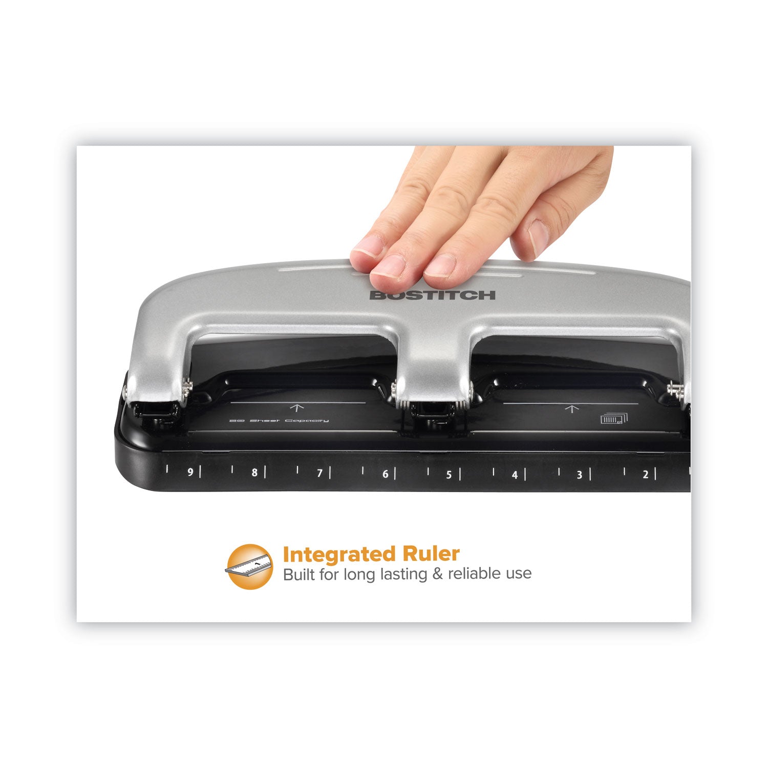 Bostitch 20-Sheet EZ Squeeze Three-Hole Punch, 9/32" Holes, Black/Silver (2220)