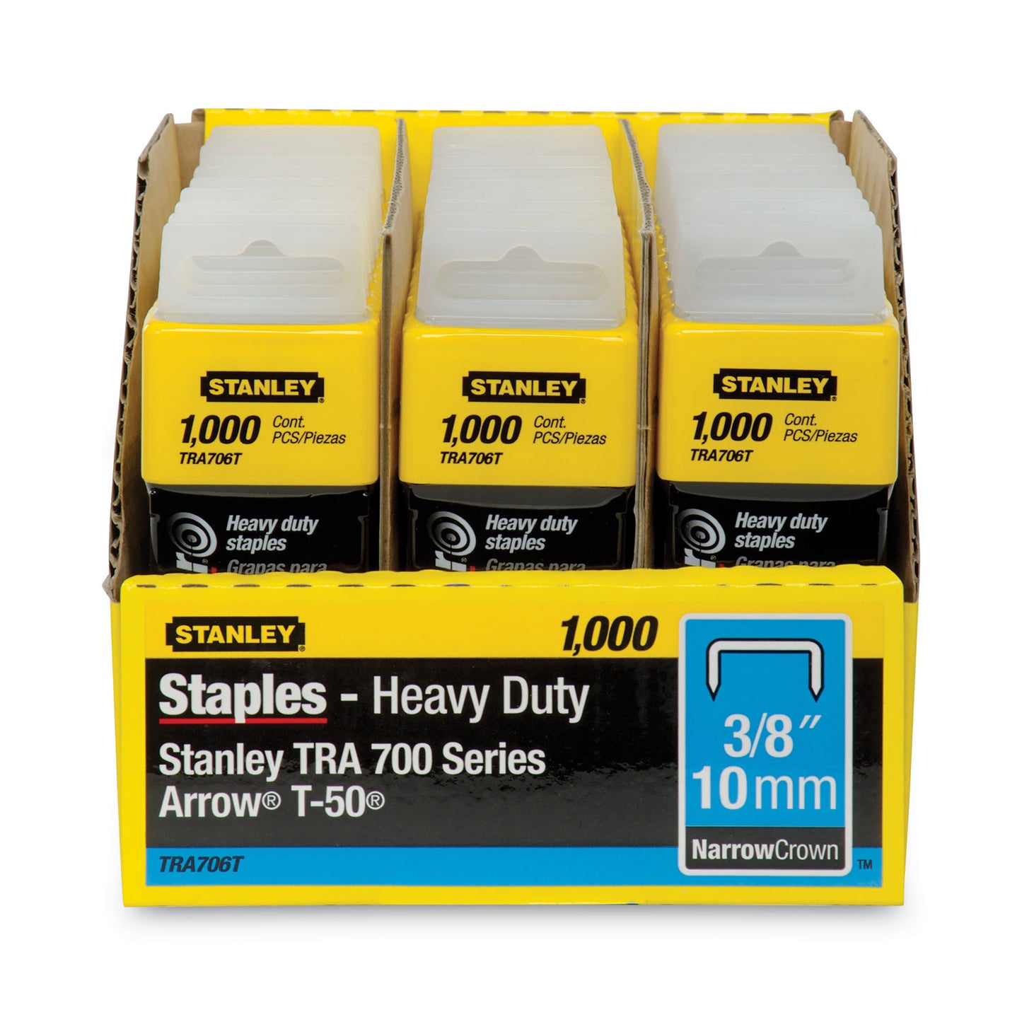 Stanley SharpShooter Heavy-Duty Tacker Staples, 0.38" Leg, 0.5" Crown, Steel, 1,000/Box (TRA706T)