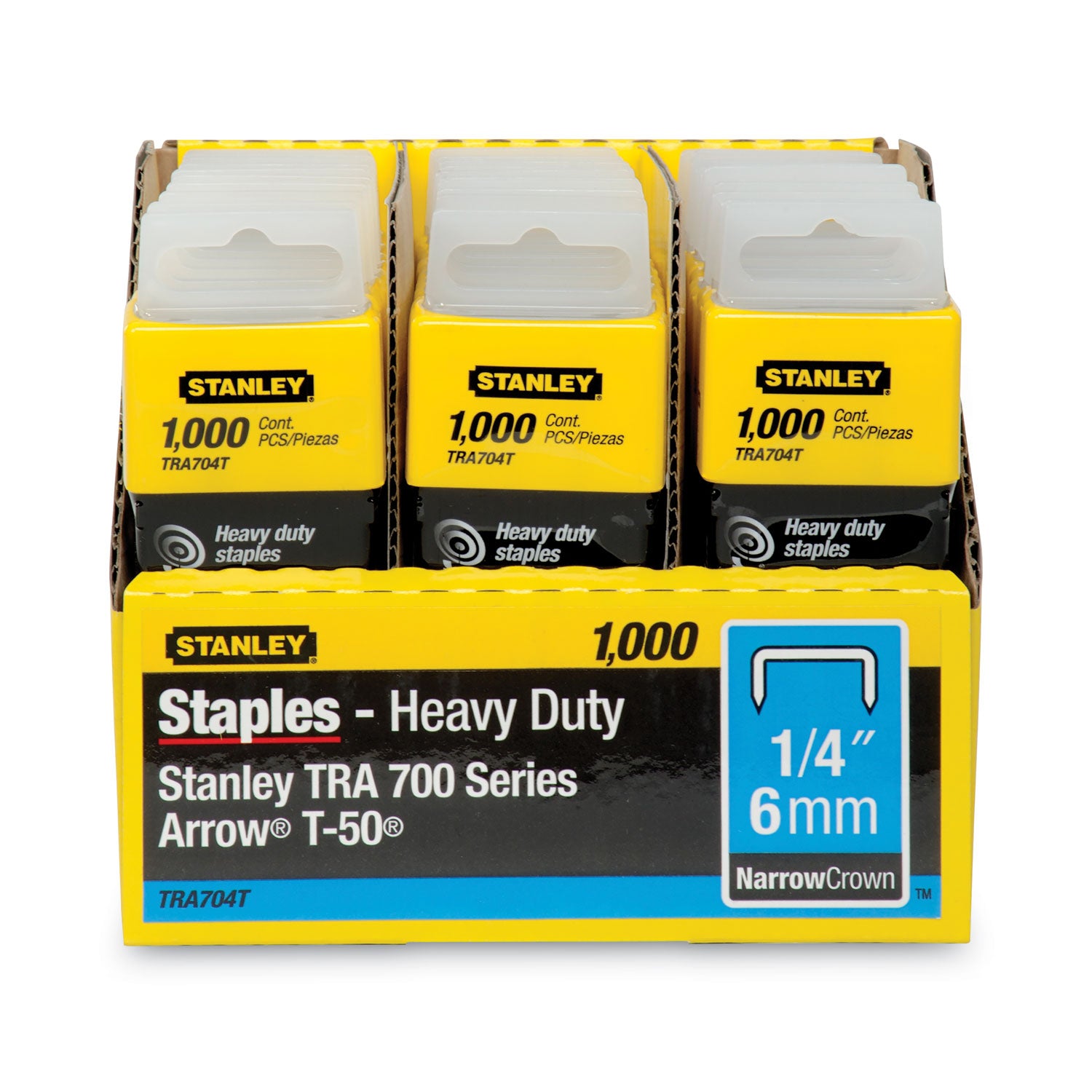 Stanley SharpShooter Heavy-Duty Tacker Staples, 0.25" Leg, 0.5" Crown, Steel, 1,000/Box (TRA704T)