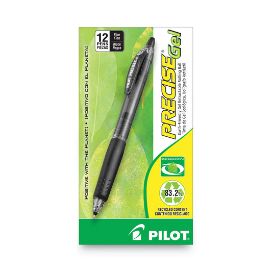 Pilot Precise Gel BeGreen Gel Pen, Retractable, Fine 0.7 mm, Black Ink, Smoke Barrel, Dozen (15001)