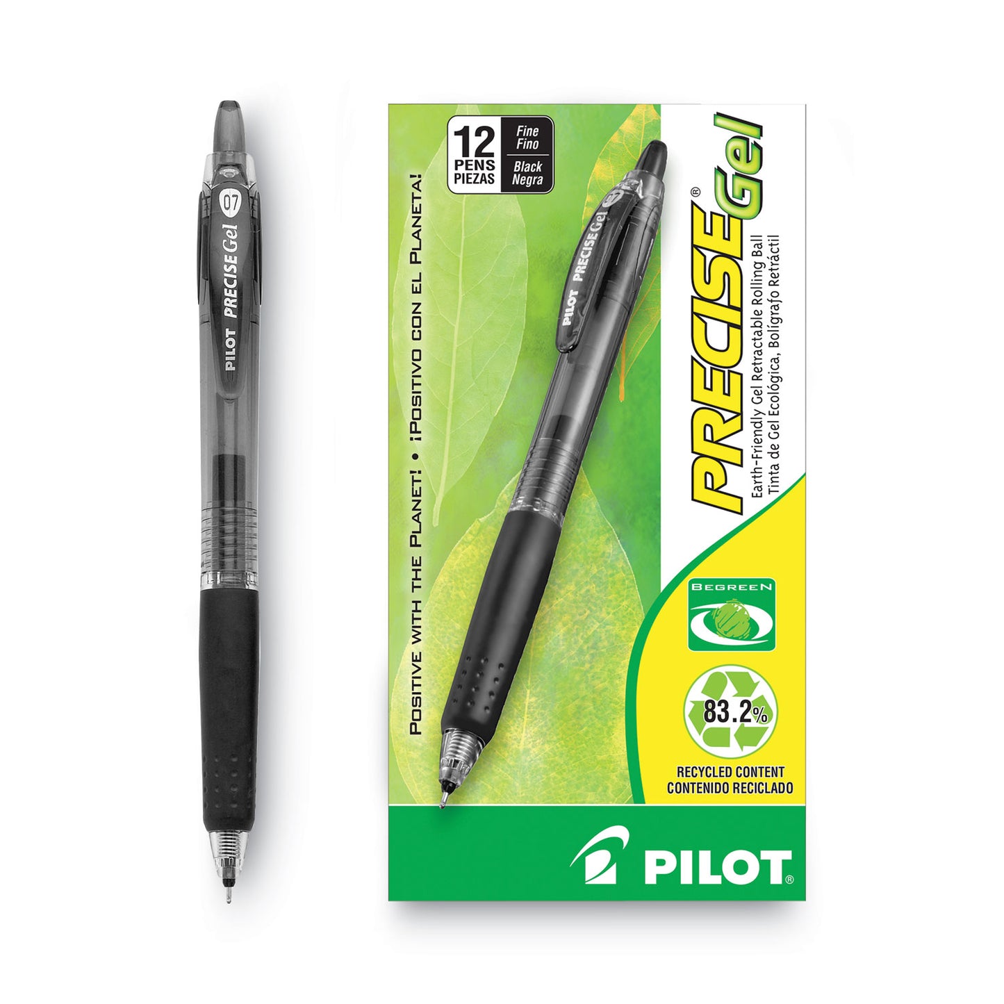 Pilot Precise Gel BeGreen Gel Pen, Retractable, Fine 0.7 mm, Black Ink, Smoke Barrel, Dozen (15001)