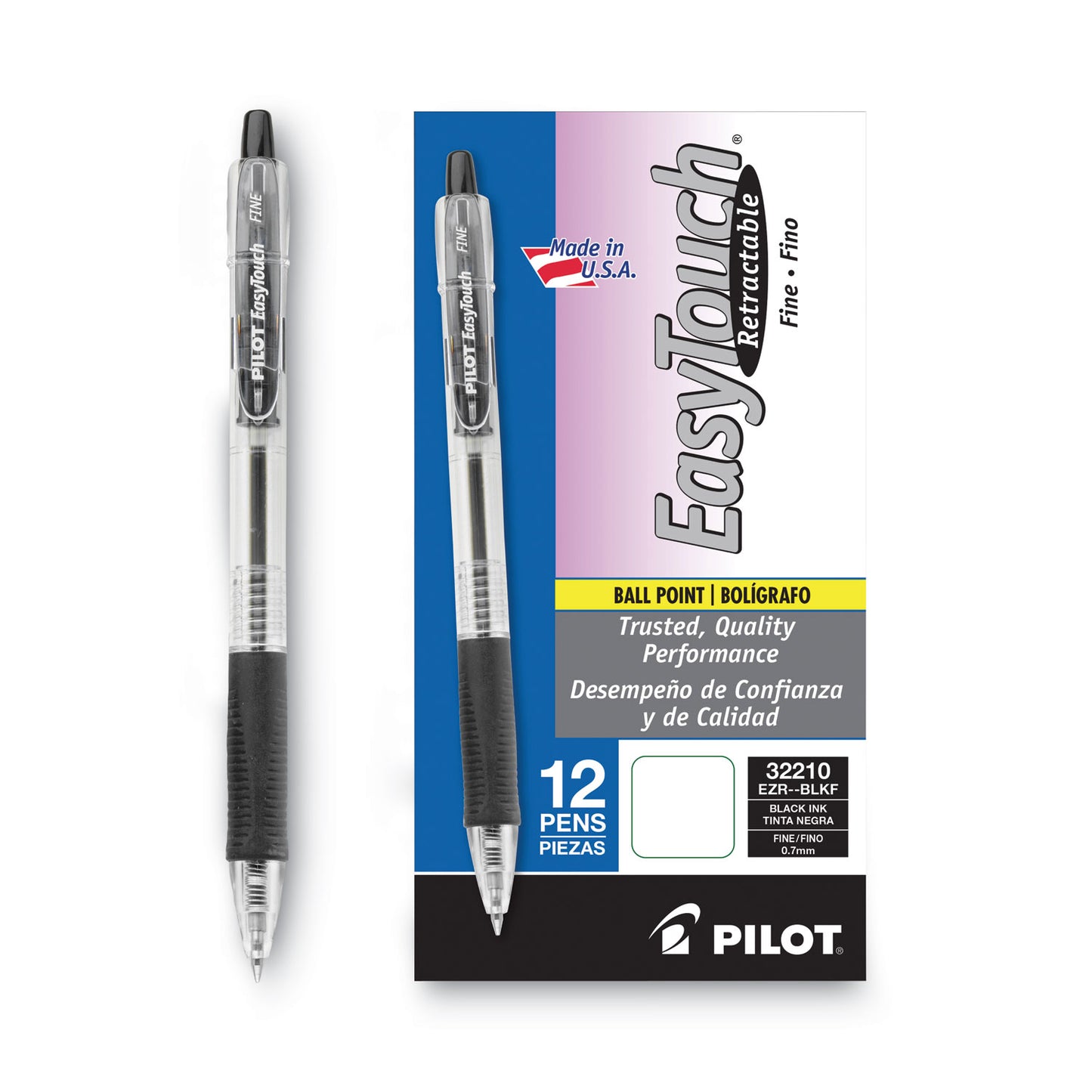 Pilot EasyTouch Ballpoint Pen, Retractable, Fine 0.7 mm, Black Ink, Clear Barrel, Dozen (32210)