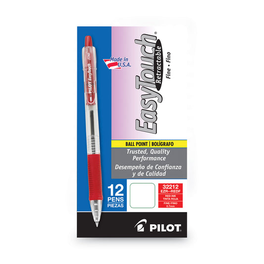 Pilot EasyTouch Ballpoint Pen, Retractable, Fine 0.7 mm, Red Ink, Clear Barrel, Dozen (32212)