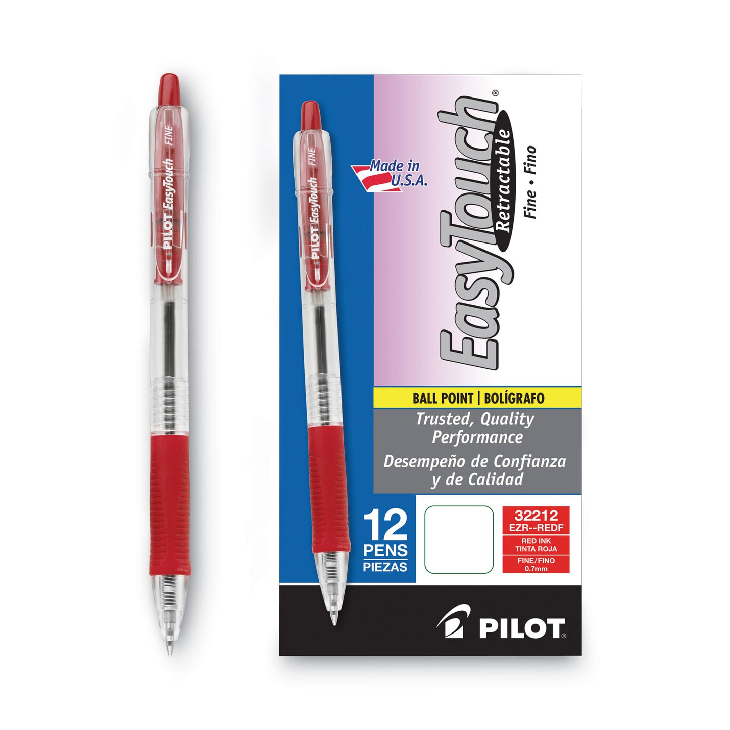 Pilot EasyTouch Ballpoint Pen, Retractable, Fine 0.7 mm, Red Ink, Clear Barrel, Dozen (32212)