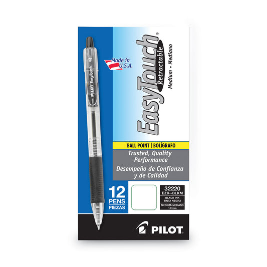 Pilot EasyTouch Ballpoint Pen, Retractable, Medium 1 mm, Black Ink, Clear Barrel, Dozen (32220)