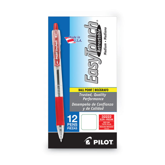 Pilot EasyTouch Ballpoint Pen, Retractable, Medium 1 mm, Red Ink, Clear Barrel, Dozen (32222)