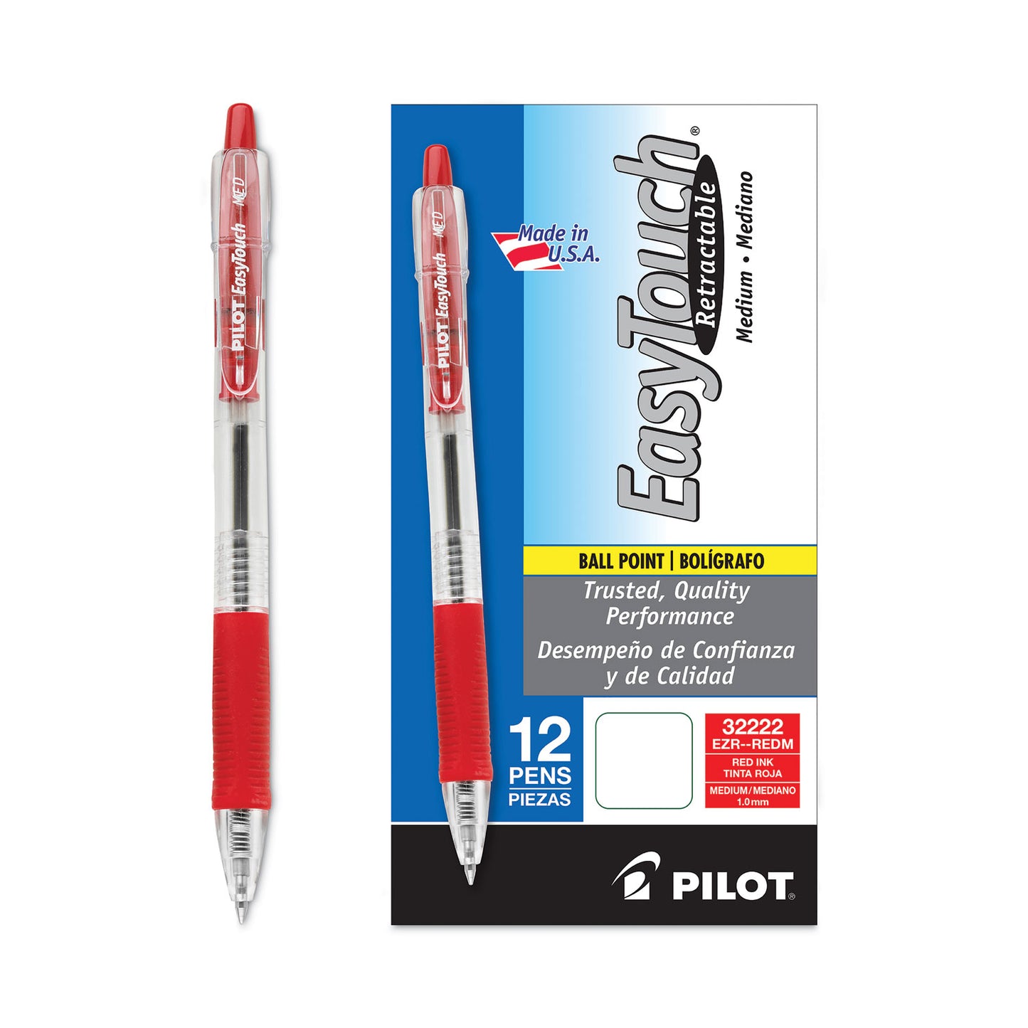 Pilot EasyTouch Ballpoint Pen, Retractable, Medium 1 mm, Red Ink, Clear Barrel, Dozen (32222)