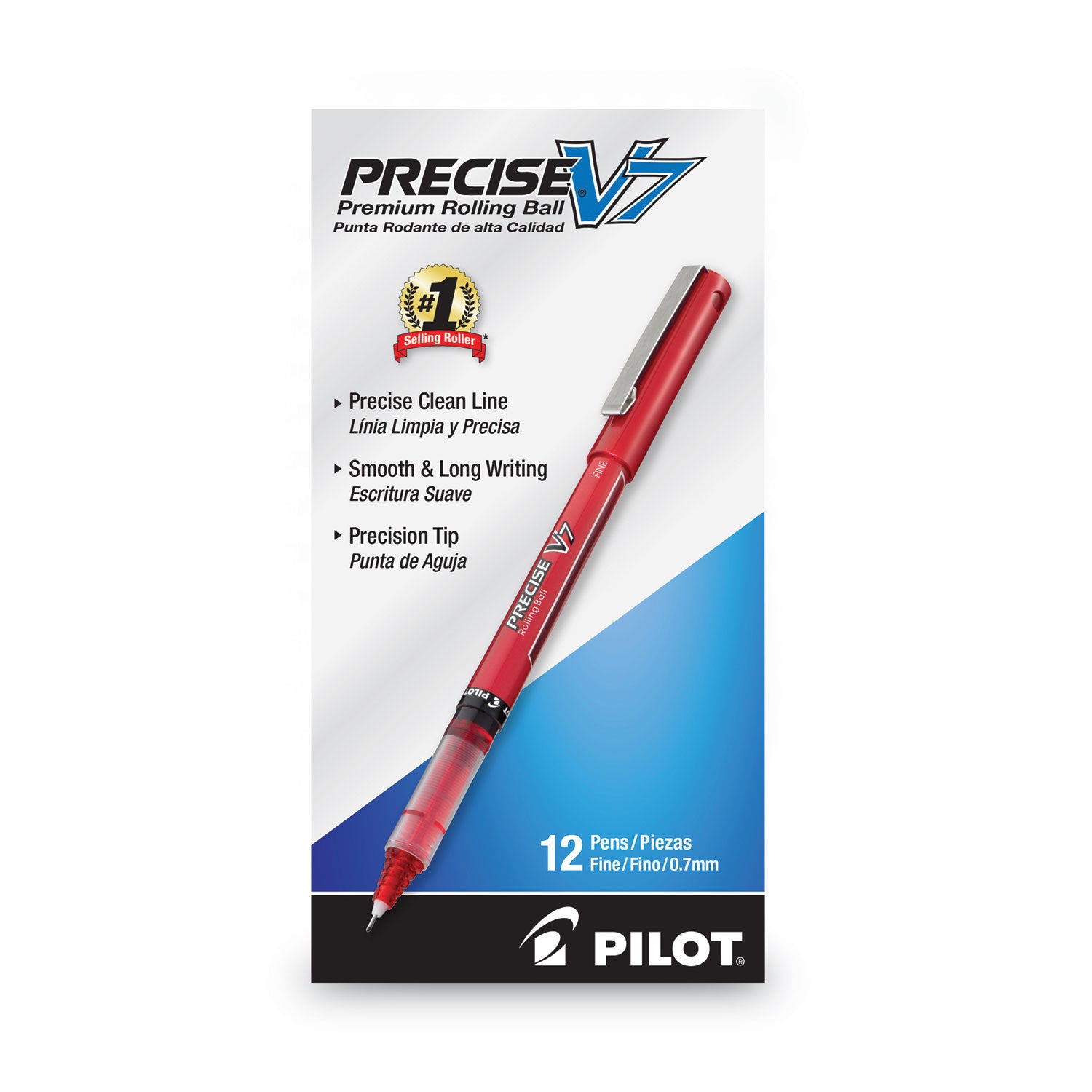 Pilot Precise V7 Roller Ball Pen, Stick, Fine 0.7 mm, Red Ink, Red/Clear Barrel, Dozen (35352)