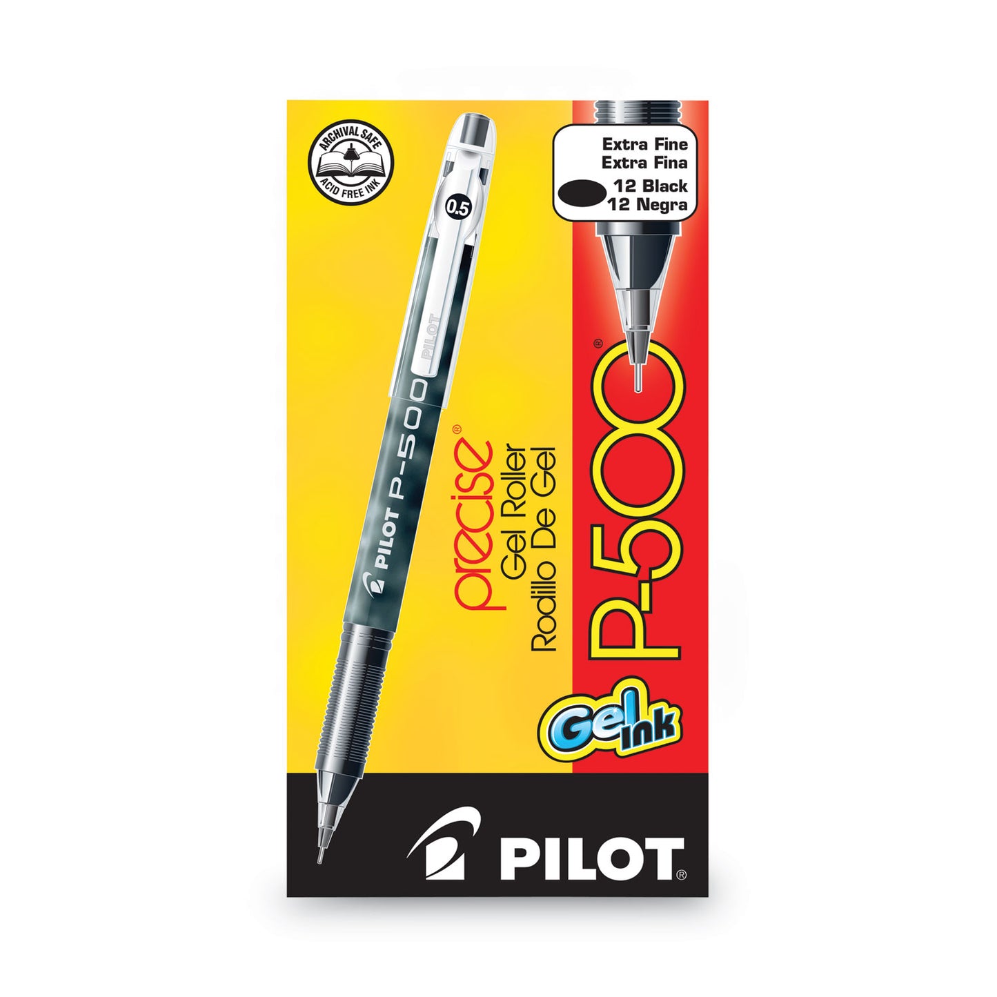 Pilot Precise P-500 Gel Pen, Stick, Extra-Fine 0.5 mm, Black Ink, Black Barrel, Dozen (38600)