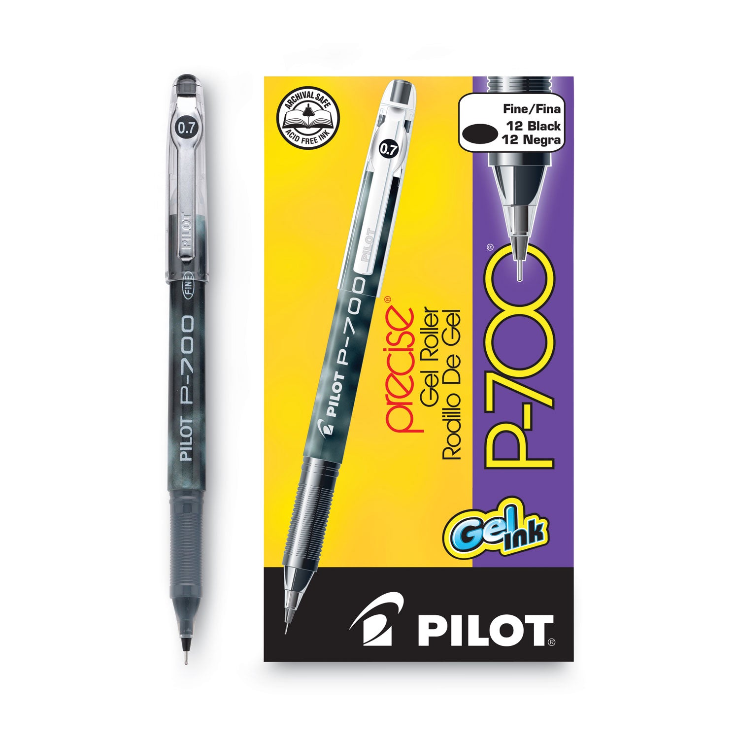 Pilot Precise P-700 Gel Pen, Stick, Fine 0.7 mm, Black Ink, Black Barrel, Dozen (38610)