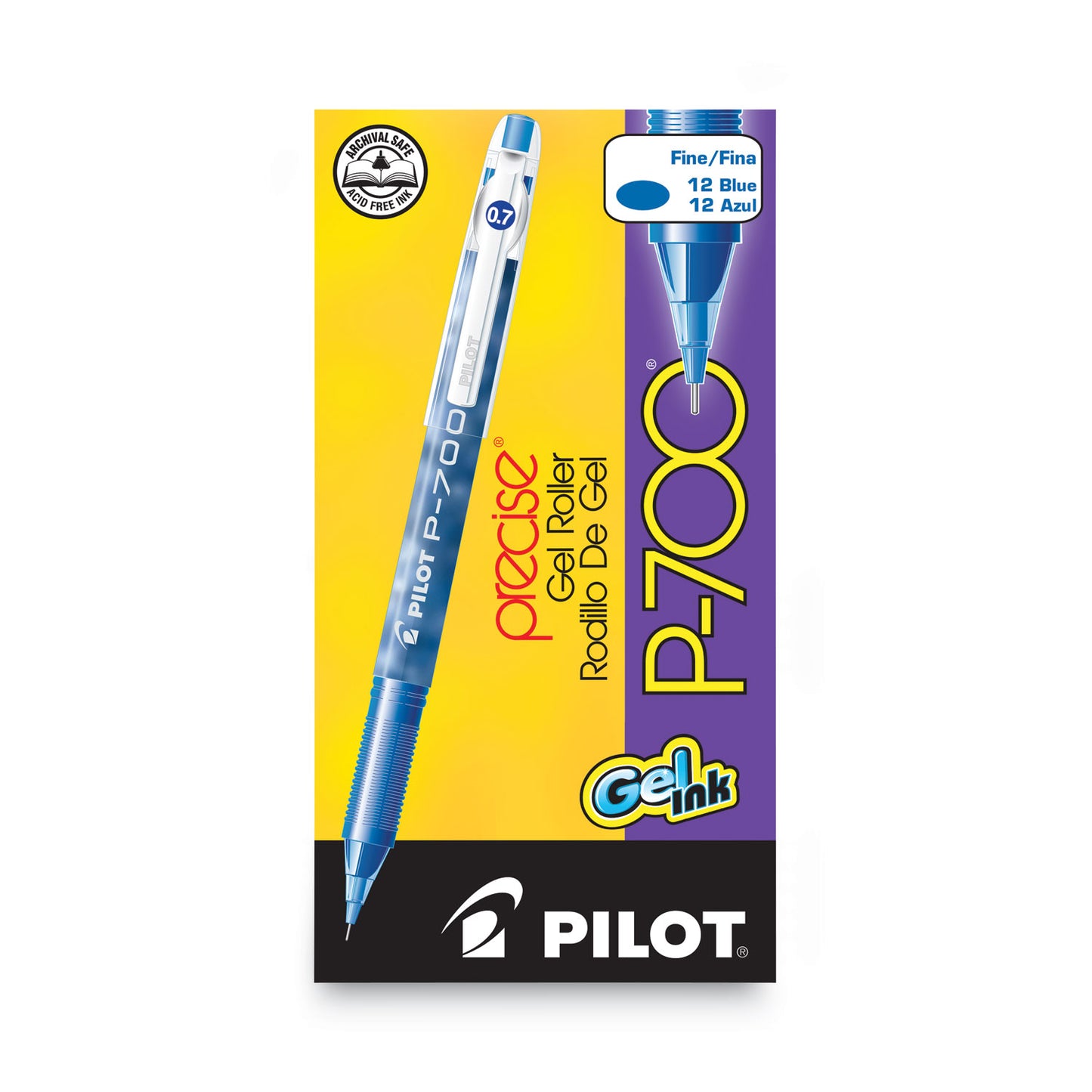 Pilot Precise P-700 Gel Pen, Stick, Fine 0.7 mm, Blue Ink, Blue Barrel, Dozen (38611)