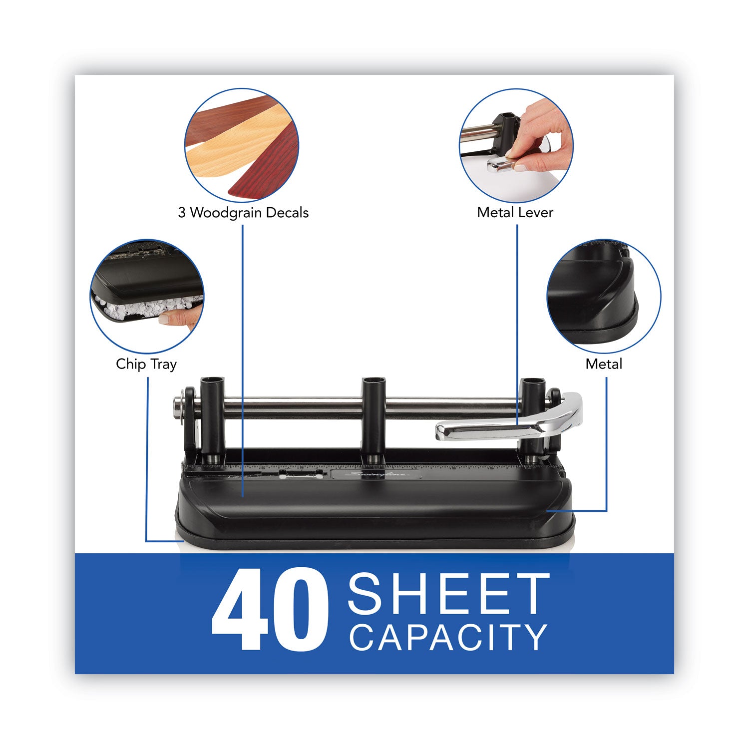 Swingline 40-Sheet Accented Heavy-Duty Lever Action Two- to Seven-Hole Punch, 11/32" Holes, Black/Woodgrain (74400)