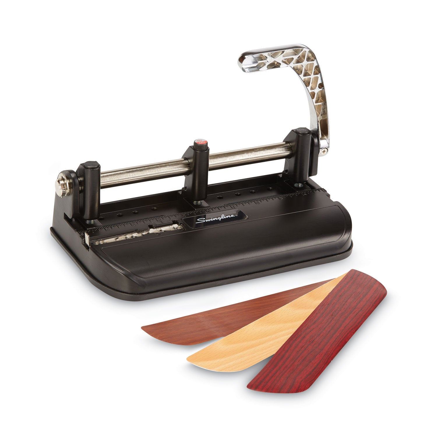 Swingline 40-Sheet Accented Heavy-Duty Lever Action Two- to Seven-Hole Punch, 11/32" Holes, Black/Woodgrain (74400)