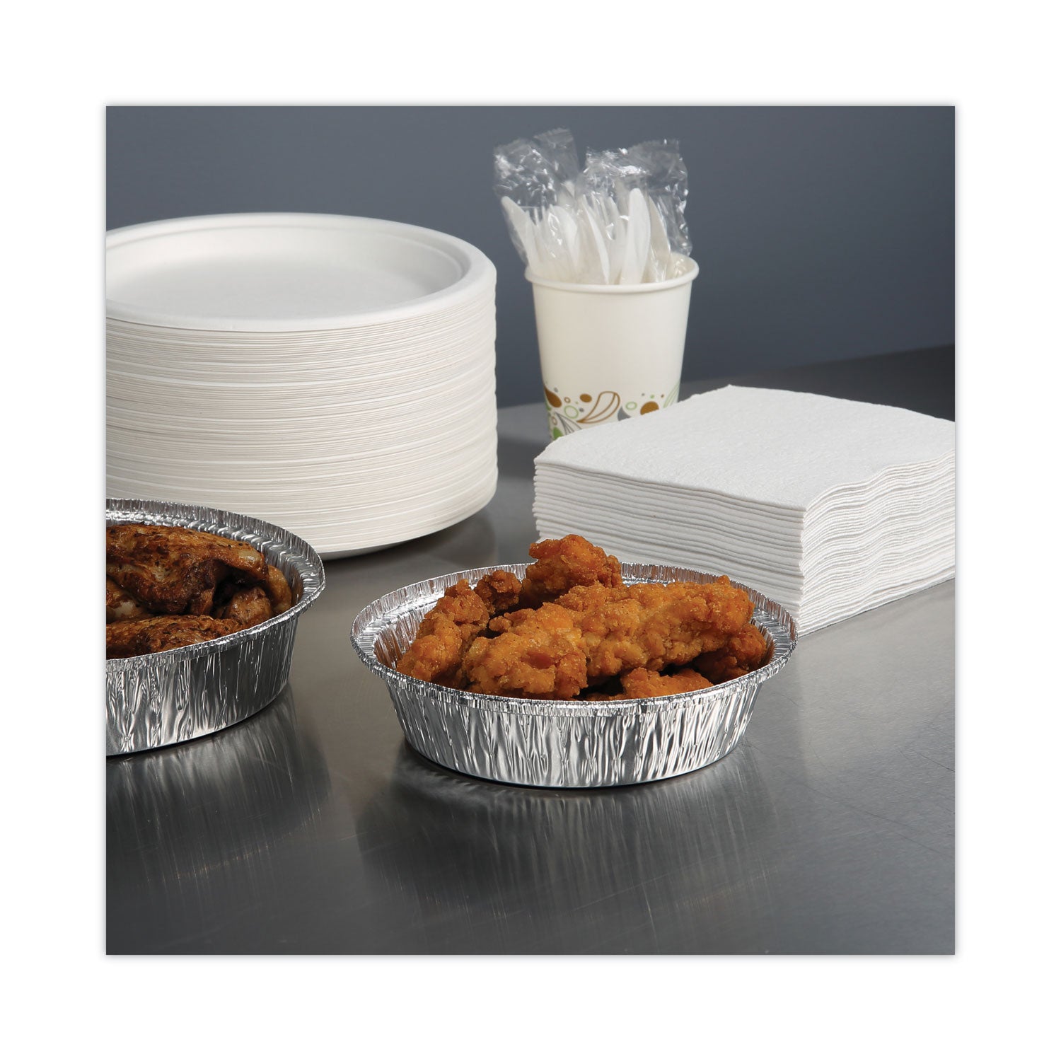 Boardwalk Round Aluminum To-Go Containers, 250 Gauge, 24 oz, 7" Diameter x 1.47"h, Silver, 500/Carton (ROUND7)