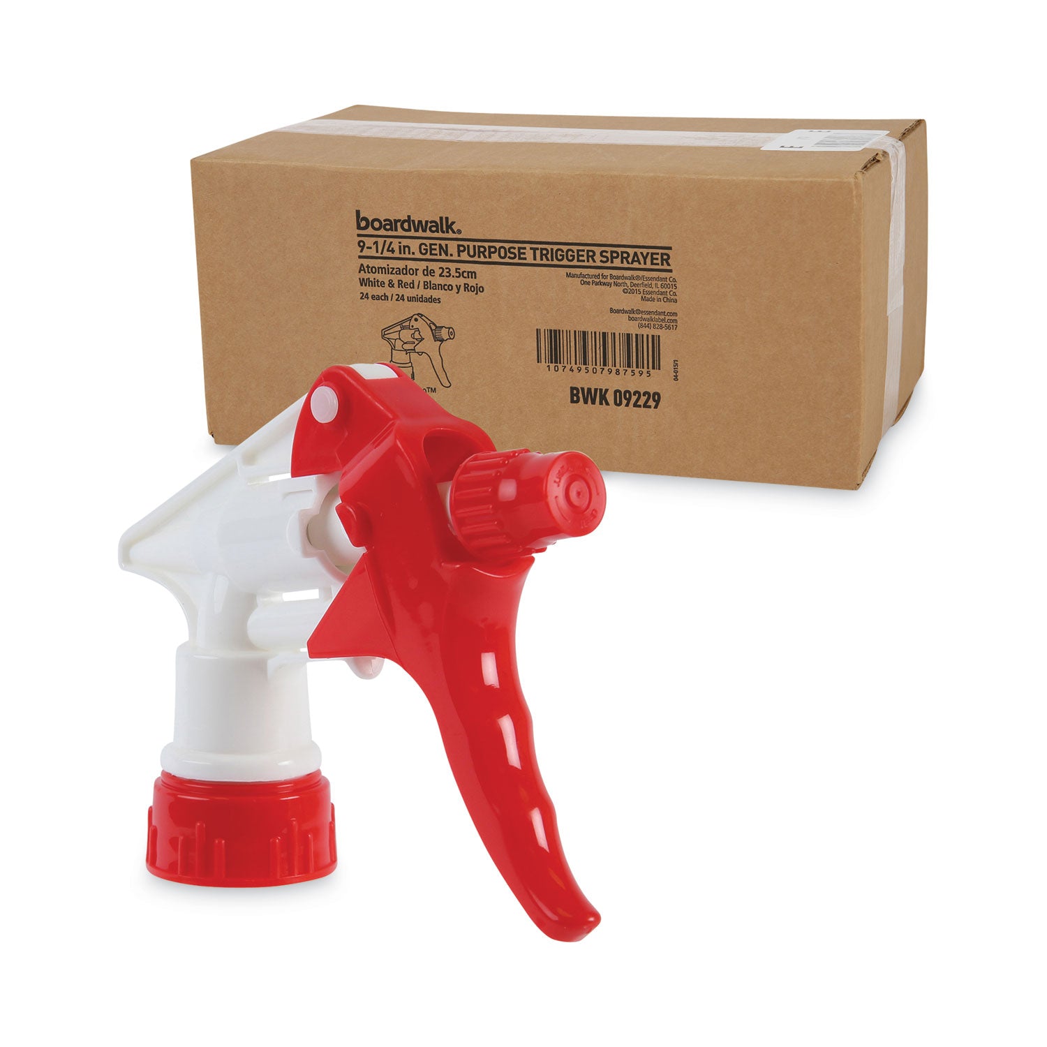 Boardwalk Trigger Sprayer 250, 9.25" Tube Fits 32 oz Bottles, Red/White, 24/Carton (09229)