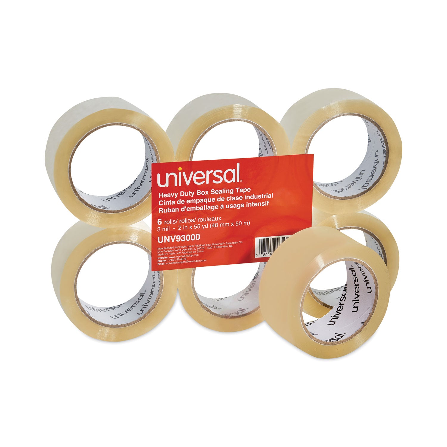 Universal Heavy-Duty Box Sealing Tape, 3" Core, 1.88" x 54.6 yds, Clear, 6/Pack (93000)