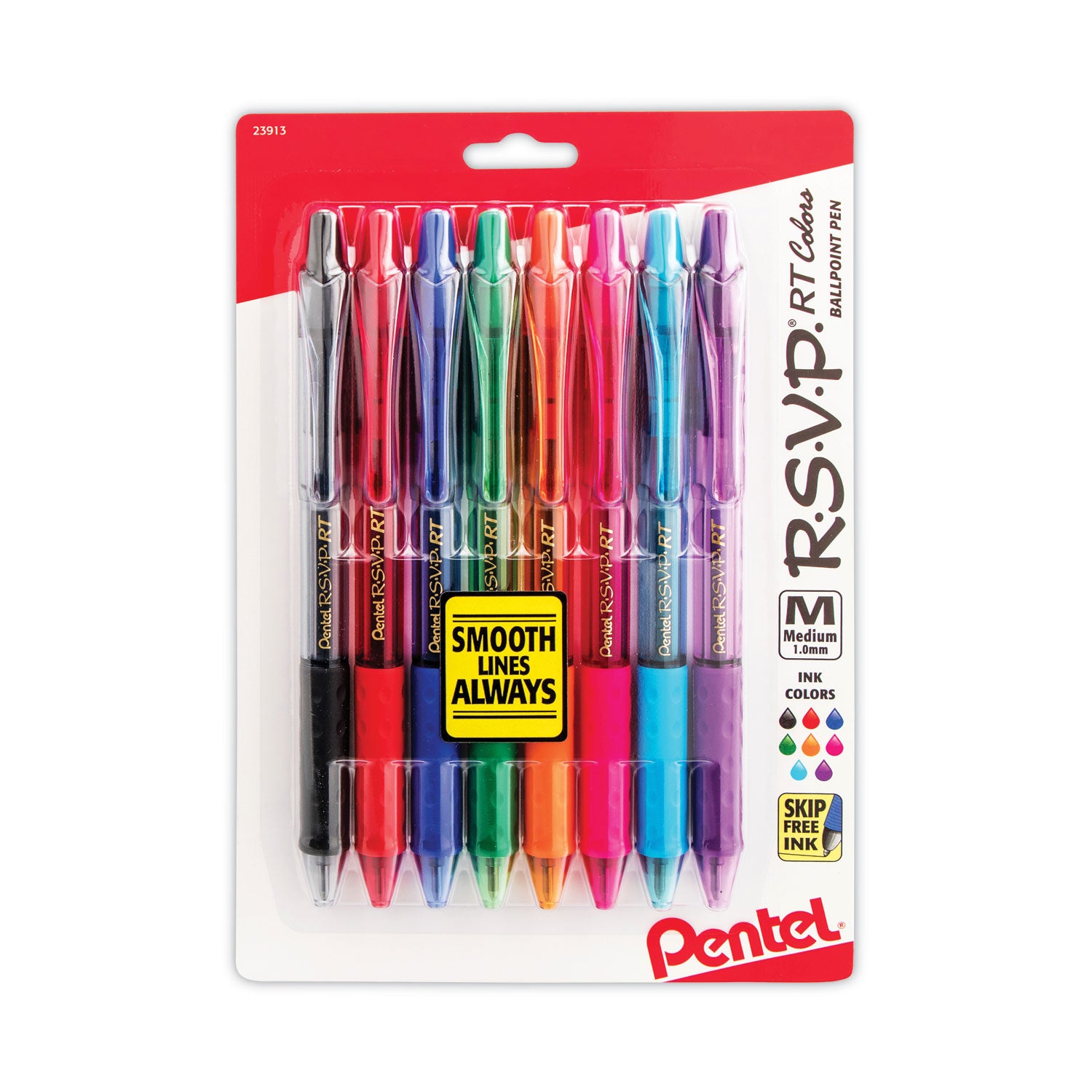 Pentel R.S.V.P. RT Ballpoint Pen, Retractable, Medium 1 mm, Assorted Ink Colors, Clear Barrel, 8/Pack (BK93CRBP8M)