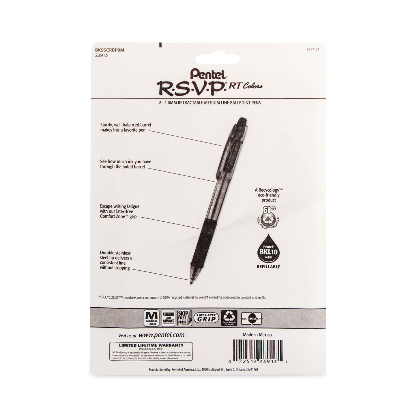 Pentel R.S.V.P. RT Ballpoint Pen, Retractable, Medium 1 mm, Assorted Ink Colors, Clear Barrel, 8/Pack (BK93CRBP8M)