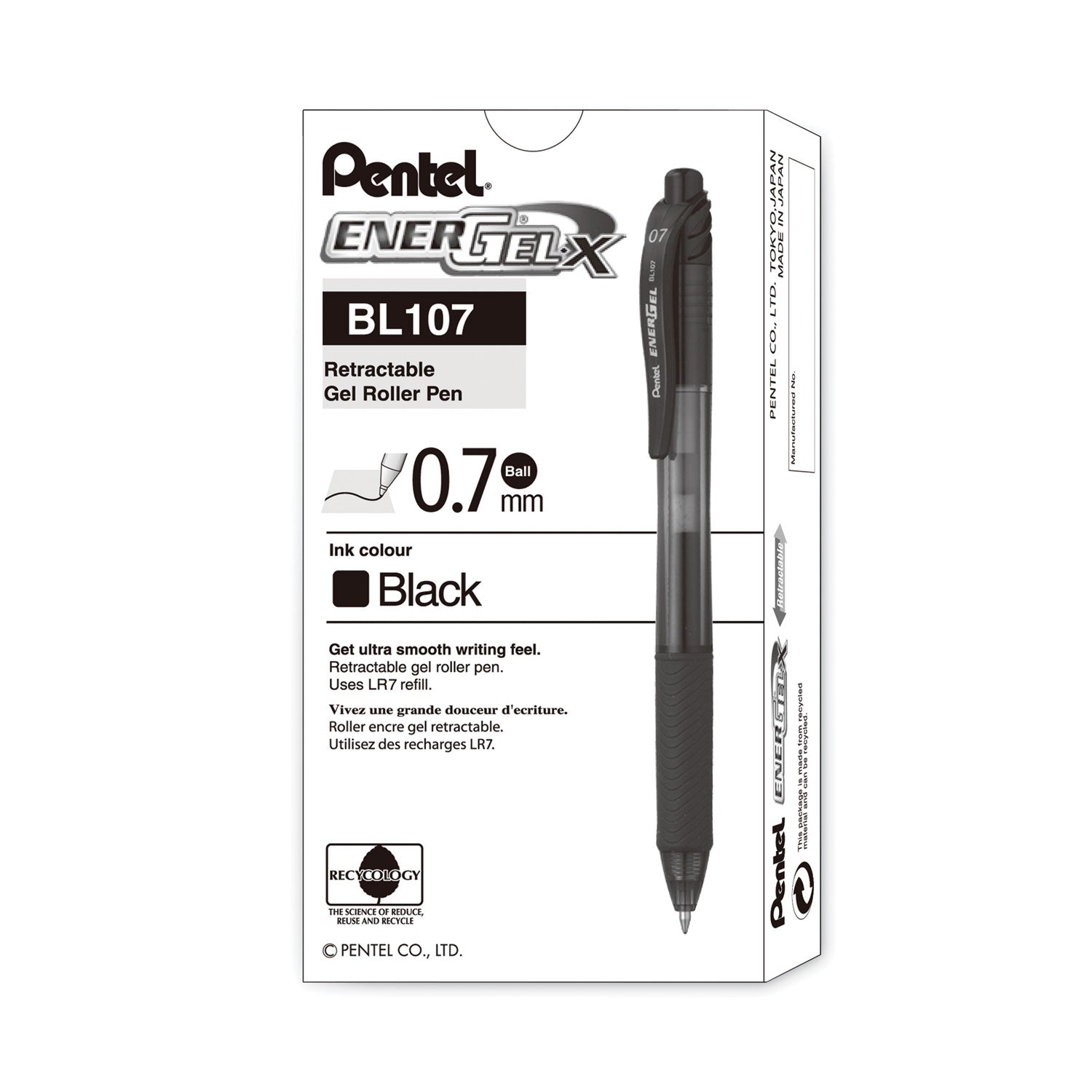 Pentel EnerGel-X Gel Pen, Retractable, Medium 0.7 mm, Black Ink, Smoke/Black Barrel, Dozen (BL107A)