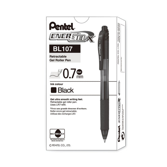 Pentel EnerGel-X Gel Pen, Retractable, Medium 0.7 mm, Black Ink, Smoke/Black Barrel, Dozen (BL107A)