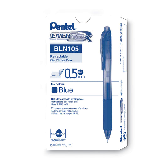 Pentel EnerGel-X Gel Pen, Retractable, Fine 0.5 mm Needle Tip, Blue Ink, Translucent Blue/Blue Barrel, Dozen (BLN105C)