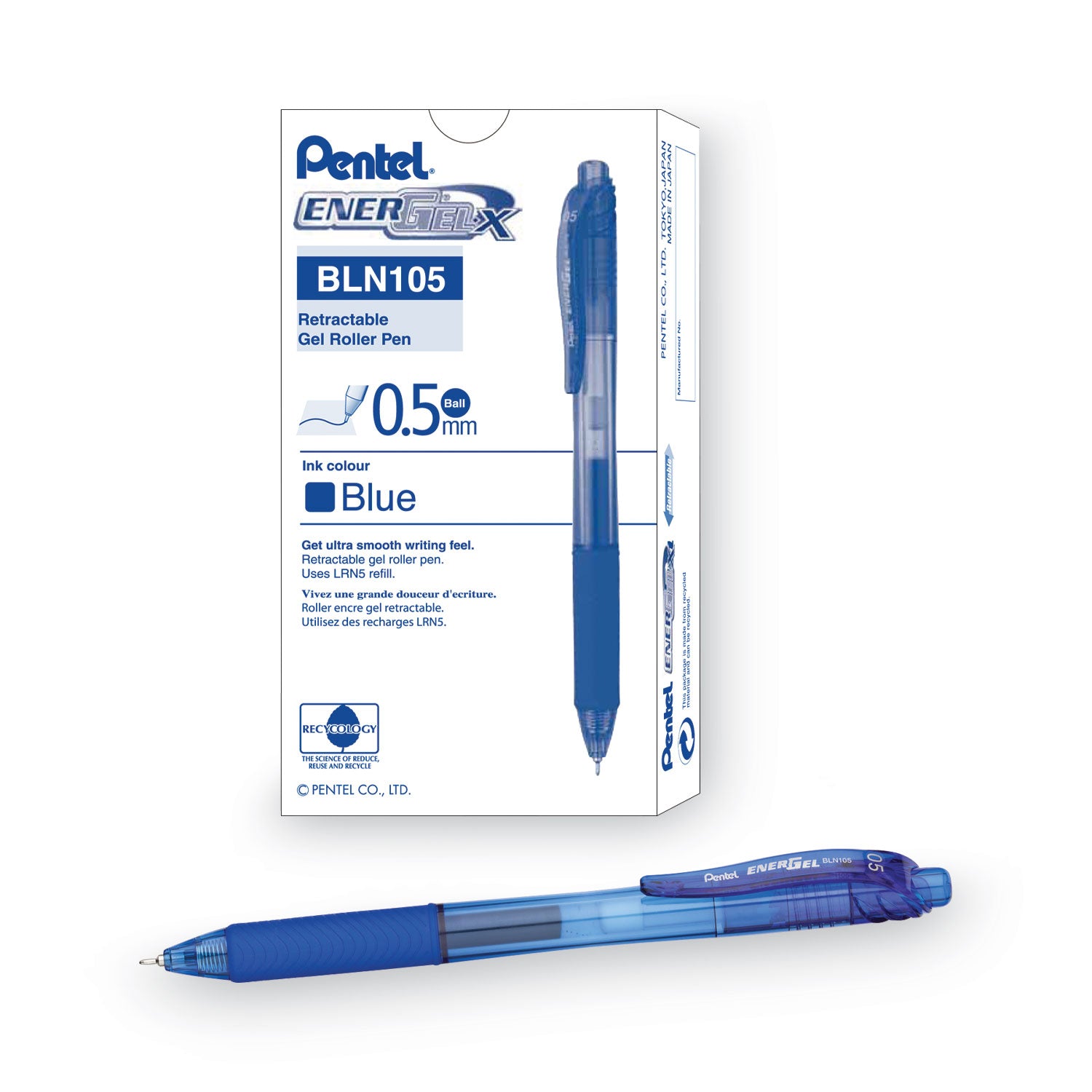 Pentel EnerGel-X Gel Pen, Retractable, Fine 0.5 mm Needle Tip, Blue Ink, Translucent Blue/Blue Barrel, Dozen (BLN105C)