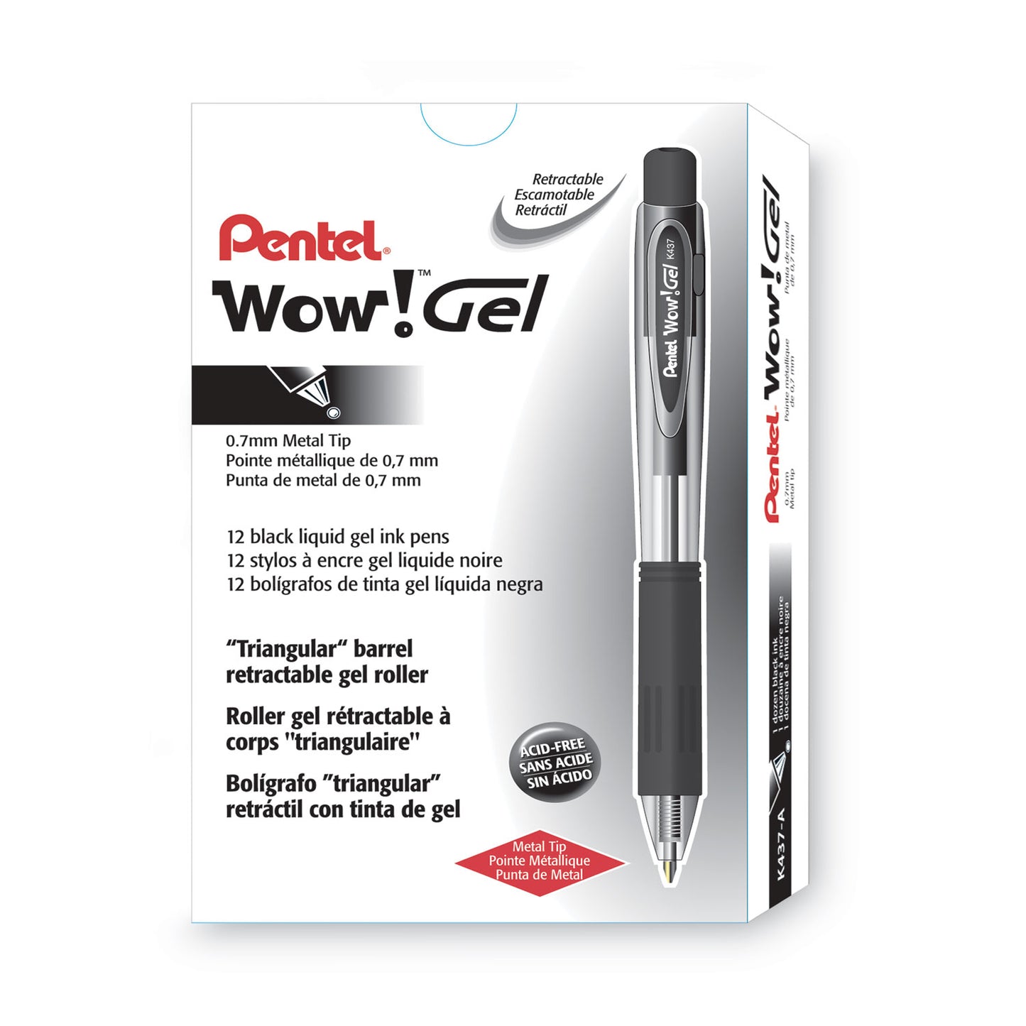 Pentel WOW! Gel Pen, Retractable, Medium 0.7 mm, Black Ink, Clear/Black Barrel, Dozen (K437A)