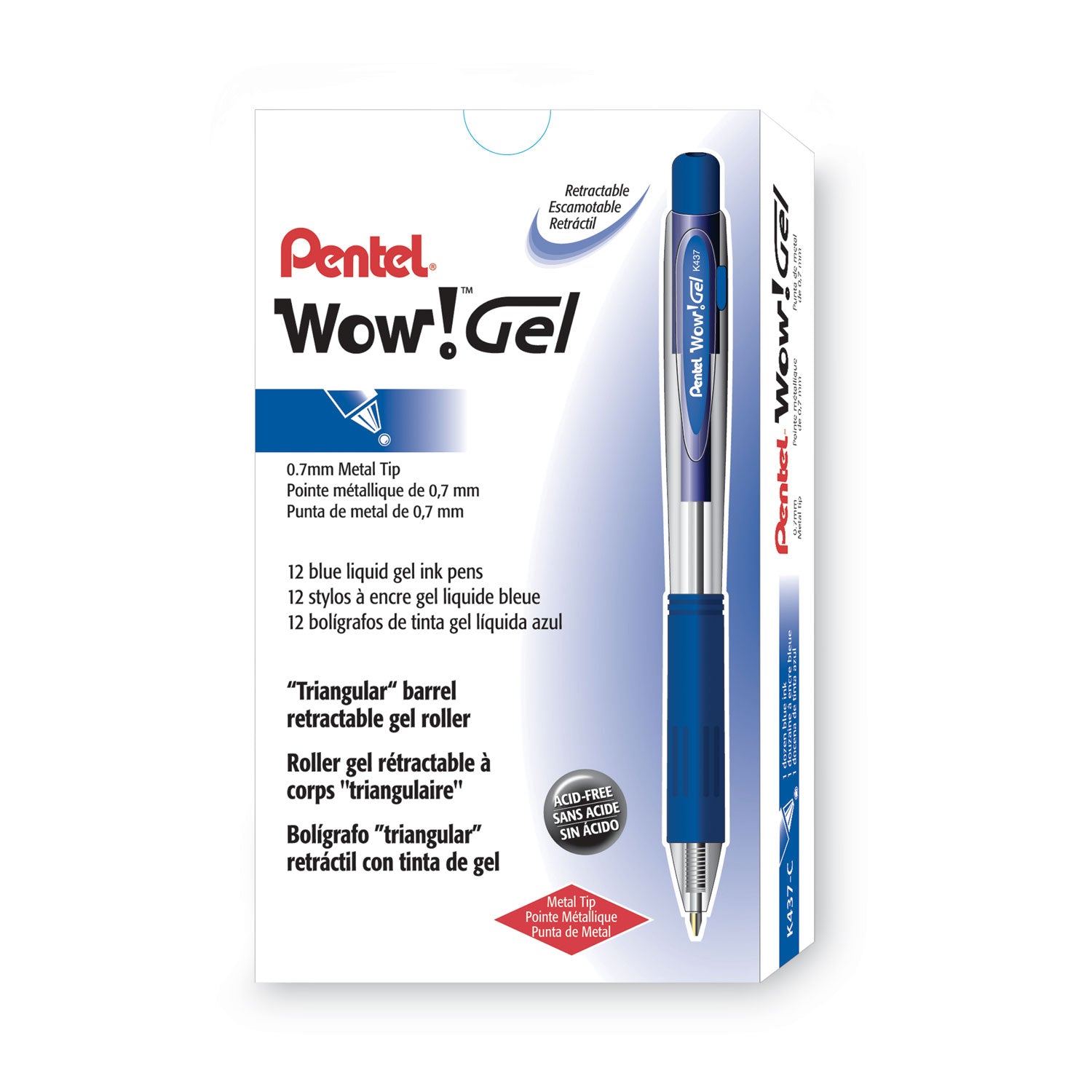 Pentel WOW! Gel Pen, Retractable, Medium 0.7 mm, Blue Ink, Clear/Blue Barrel, Dozen (K437C)