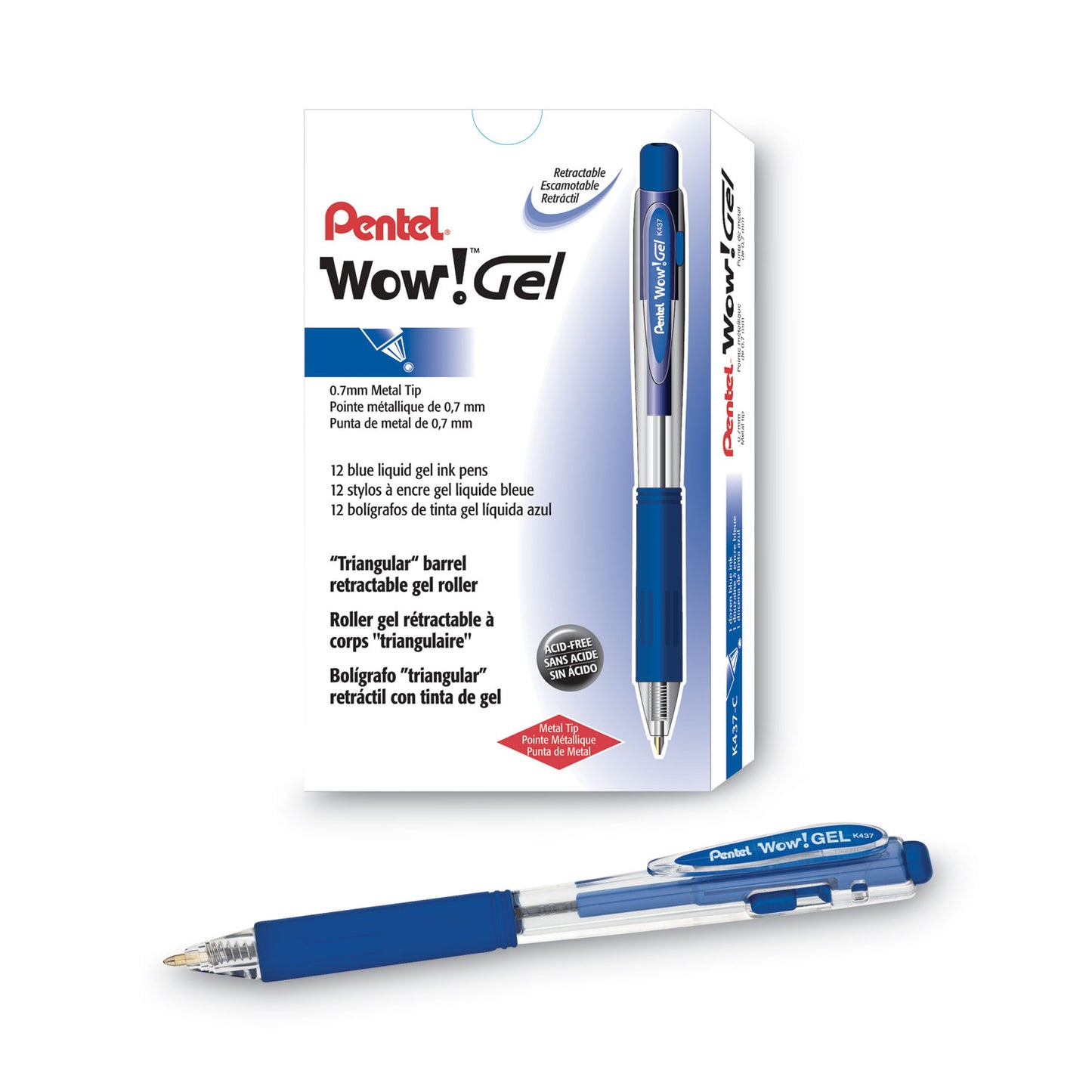 Pentel WOW! Gel Pen, Retractable, Medium 0.7 mm, Blue Ink, Clear/Blue Barrel, Dozen (K437C)