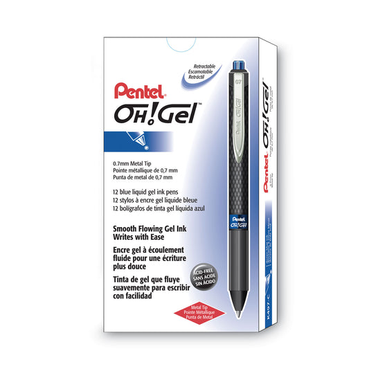 Pentel Oh! Gel Pen, Retractable, Medium 0.7 mm, Blue Ink, Black Barrel, Dozen (K497C)