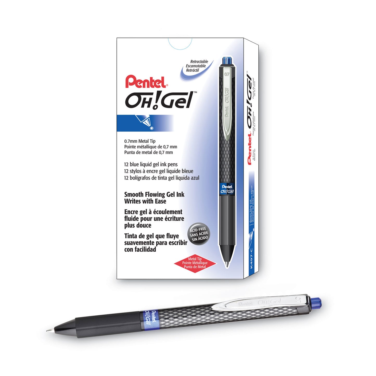 Pentel Oh! Gel Pen, Retractable, Medium 0.7 mm, Blue Ink, Black Barrel, Dozen (K497C)