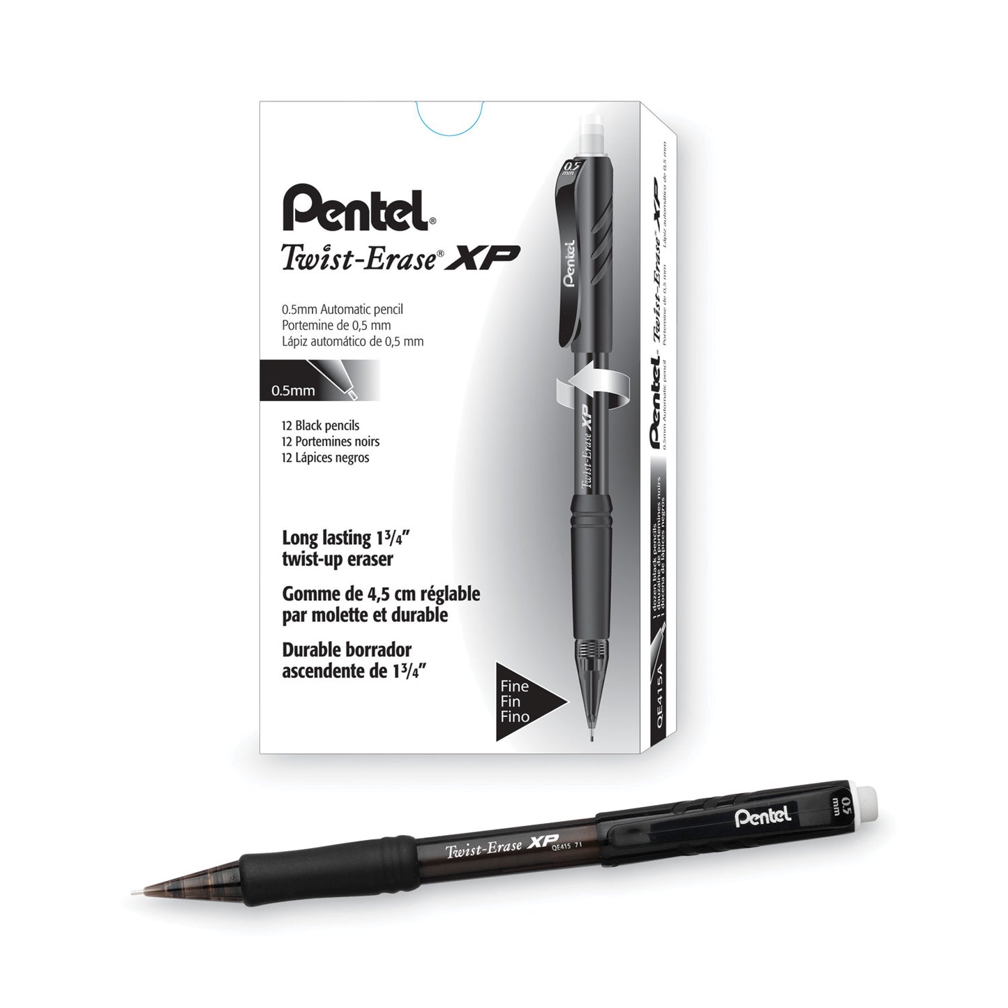 Pentel Twist-Erase EXPRESS Mechanical Pencil, 0.5 mm, HB (#2), Black Lead, Black Barrel, Dozen (QE415A)
