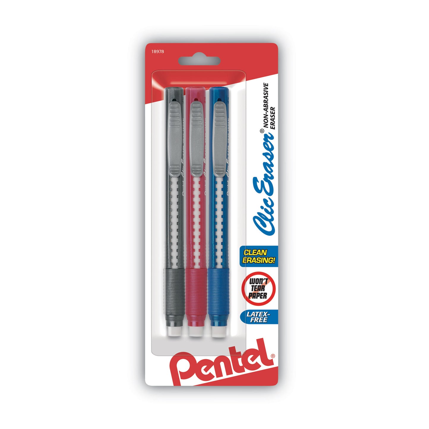 Pentel Clic Eraser Grip Eraser, For Pencil Marks, White Eraser, Randomly Assorted Barrel Color, 3/Pack (ZE21BP3K6)