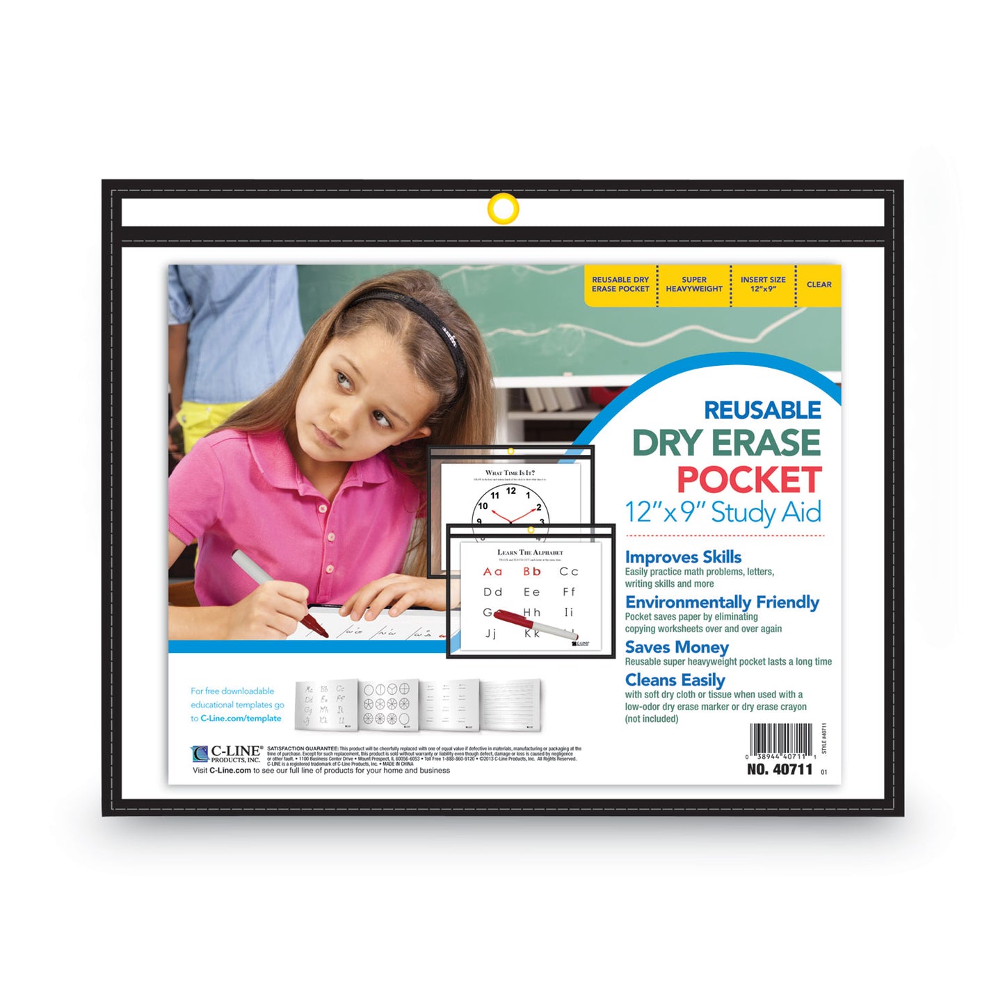 C-Line Reusable Dry Erase Pockets, 12 x 9, Black (40711)