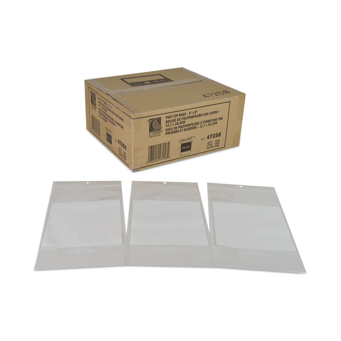 C-Line Write-On Poly Bags, 2 mil, 5" x 8", Clear, 1,000/Carton (47258)