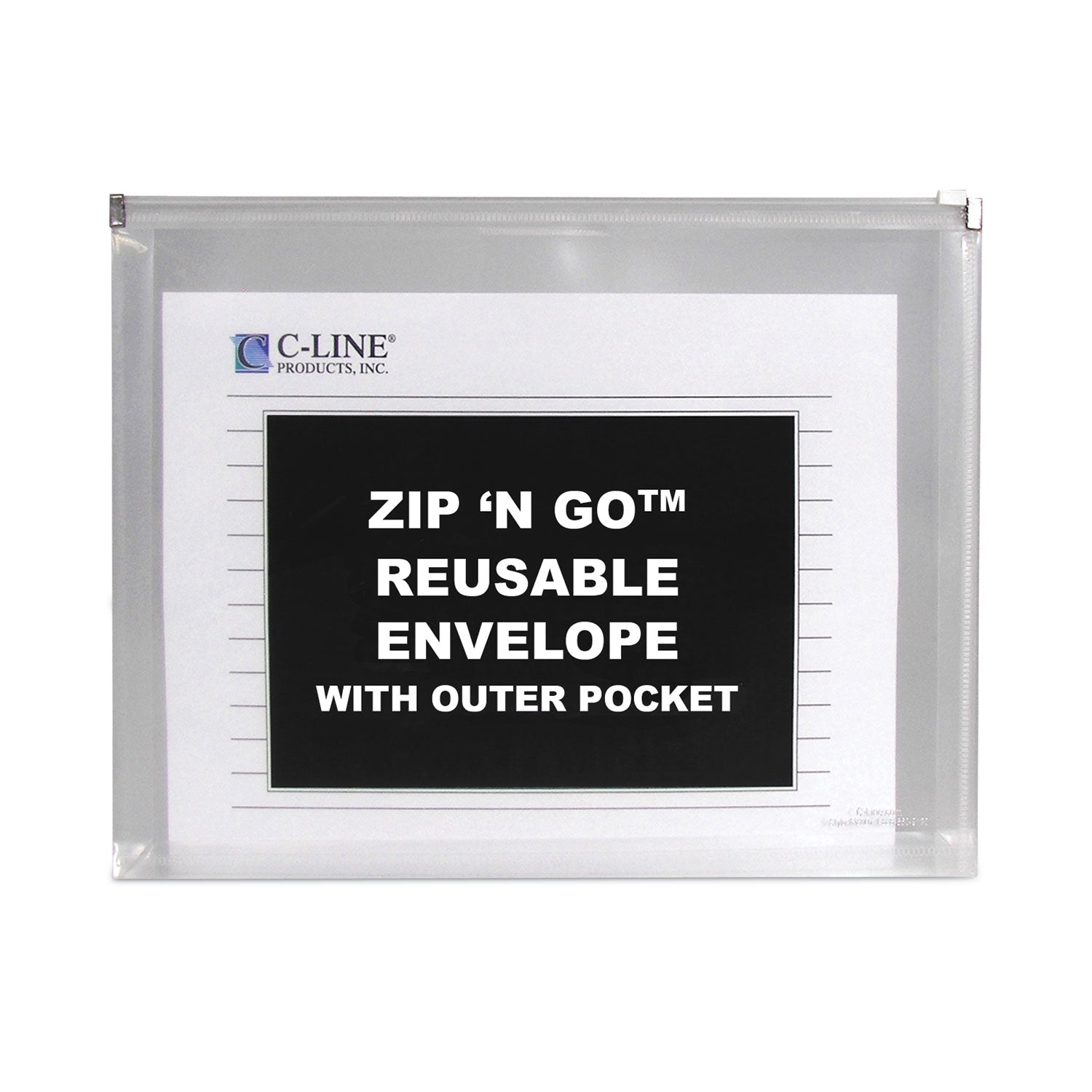 C-Line Zip 'N Go Reusable Envelope with Outer Pocket, 1" Capacity, 2 Sections, 10 x 13, Clear, 3/Pack (48117)
