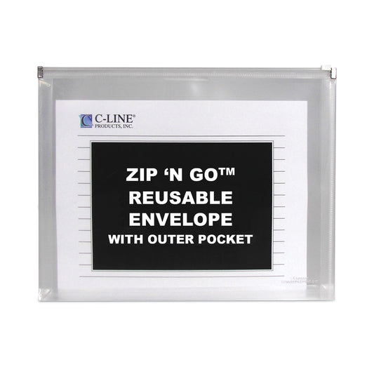 C-Line Zip 'N Go Reusable Envelope with Outer Pocket, 1" Capacity, 2 Sections, 10 x 13, Clear, 3/Pack (48117)