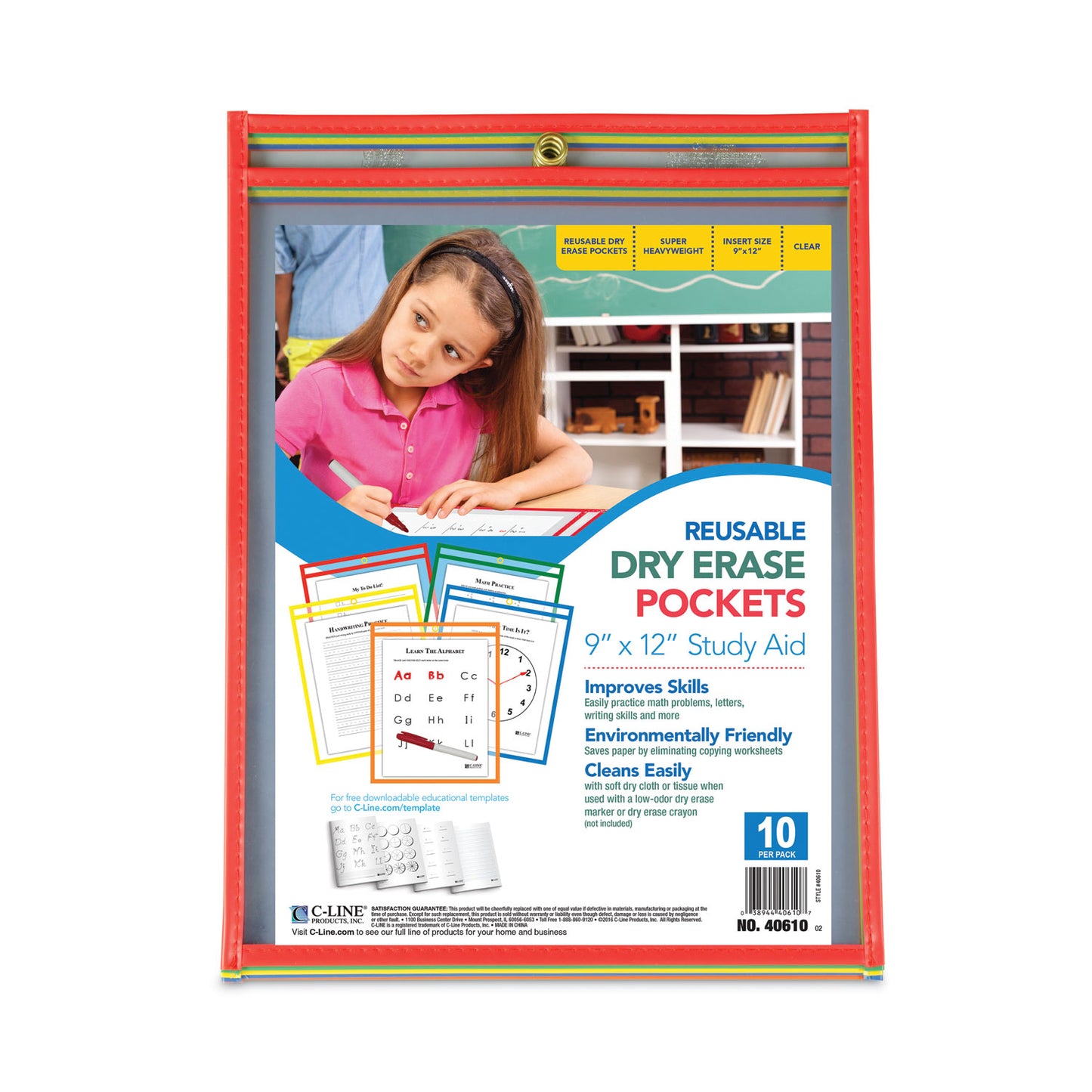 C-Line Reusable Dry Erase Pockets, 9 x 12, Assorted Primary Colors, 10/Pack (40610)