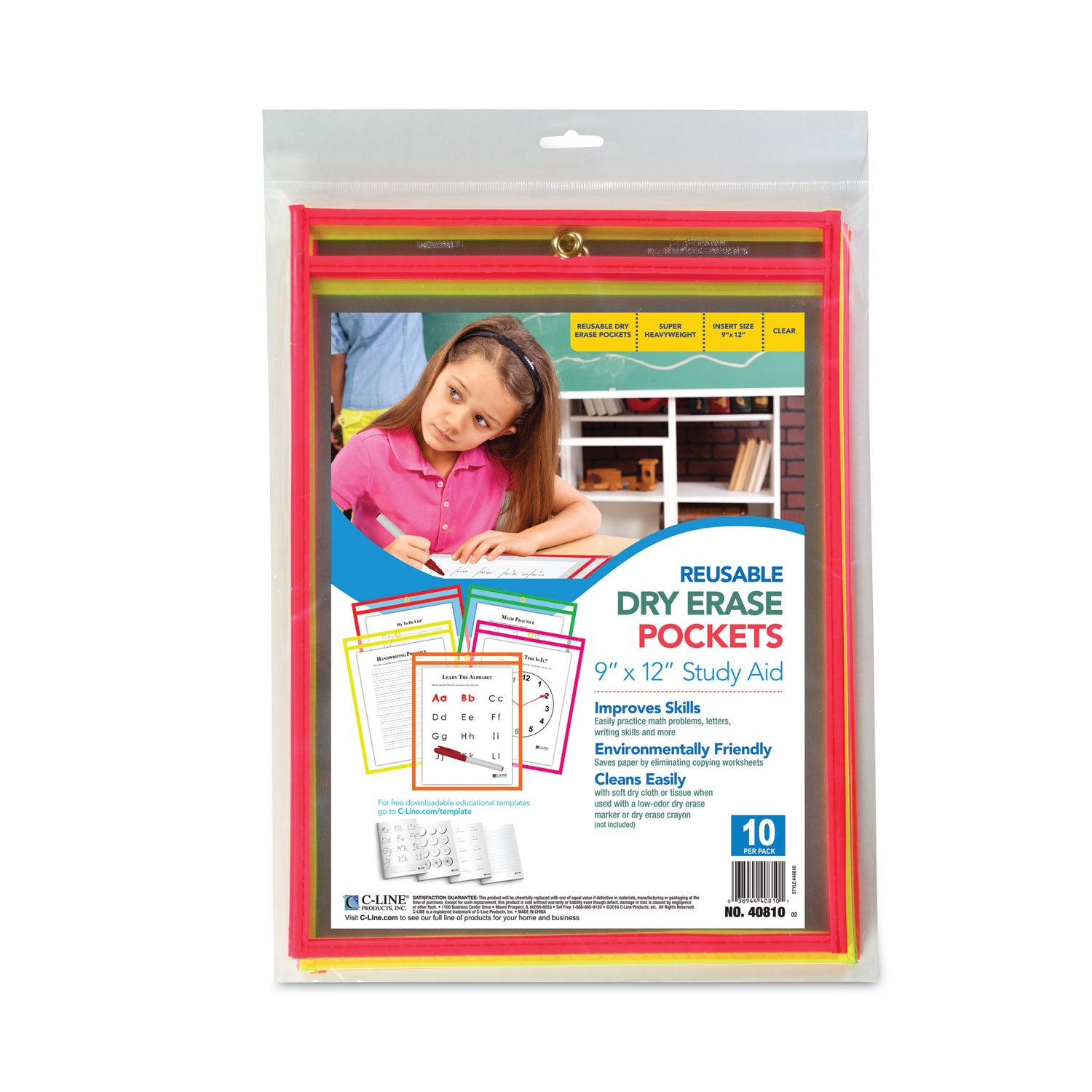 C-Line Reusable Dry Erase Pockets, 9 x 12, Assorted Neon Colors, 10/Pack (40810)